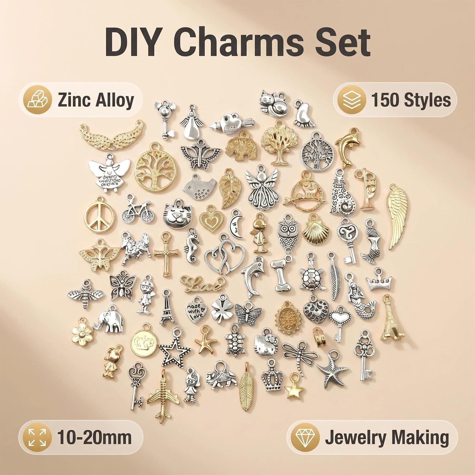 150 Pezzi Ciondoli per Creazione di Gioielli, Ciondoli Assortiti Misti, Collana Bracciale Orecchini Che Fanno Accessori, per Lavori Artigianali Bracciali Pendenti e Collane (Oro e Argento)