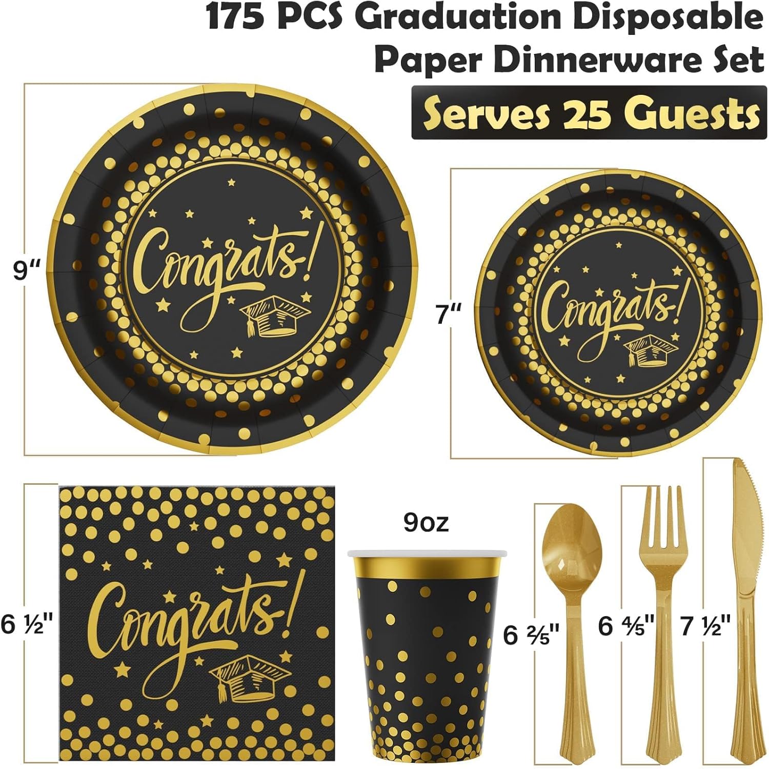 Ecomore Graduation Decorations 2026-175 PCS Black Gold Disposable Dinnerware Set, Congrats Grad Party Supplies w/Paper Plates Cups Napkins & Plastic Cutlery, Serves 25 for School College Class 2026