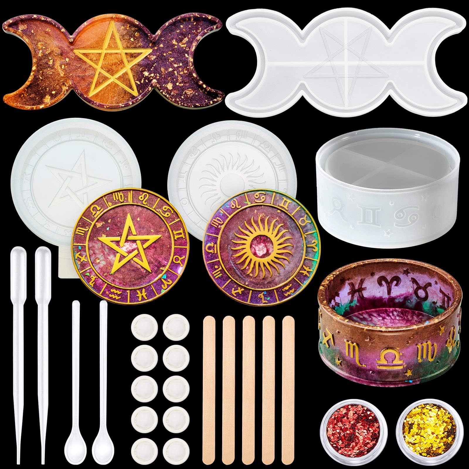 Patelai 28 Pcs Resin Mold Storage Box Set – Triple Moon Dish & Moon Phase Tray Silicone Molds with Zodiac Constellation Box, Epoxy DIY Witchcraft & Altar Decor Tool Kit