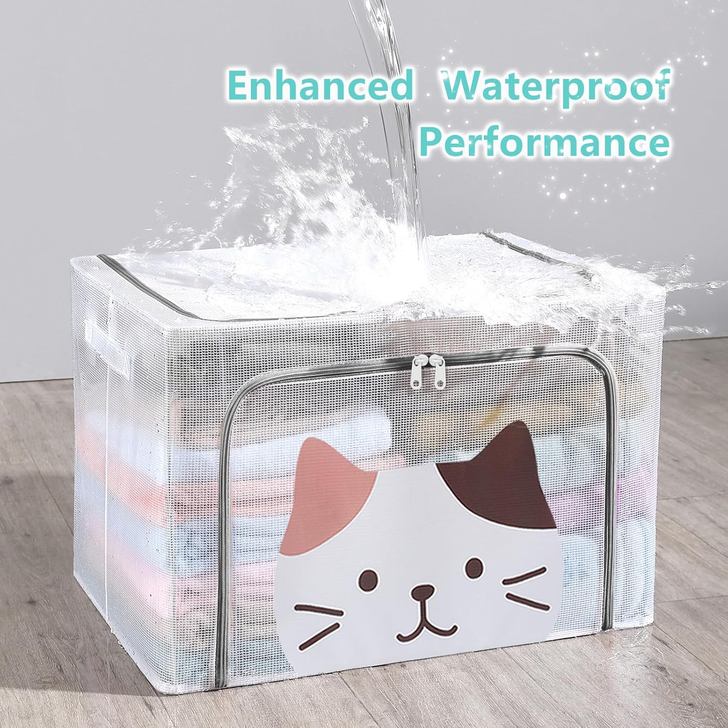3 Pack Clear Storage Bins with Metal Frame,Waterproof Stackable Organizer Box with Durable Handles,Foldable Closet Container for Bedding, Clothes(Cute Cat,66L)