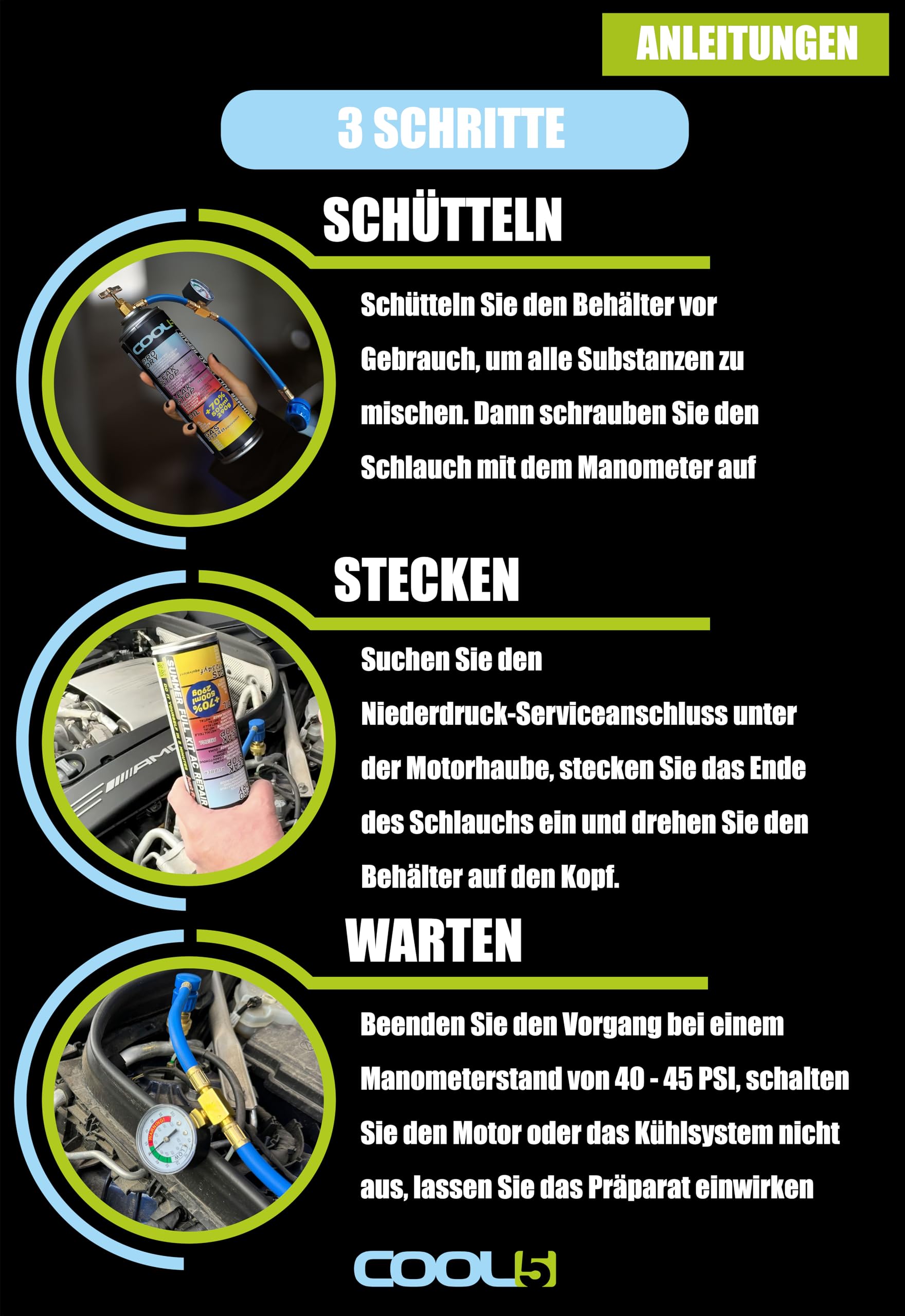 Ersatzkältemittel r134a für Autoklimaanlagen – 1 Dose 5in1, 290g + Druckleitung mit Manometer + Adapter LP-HP + Lufterfrischer für Auto