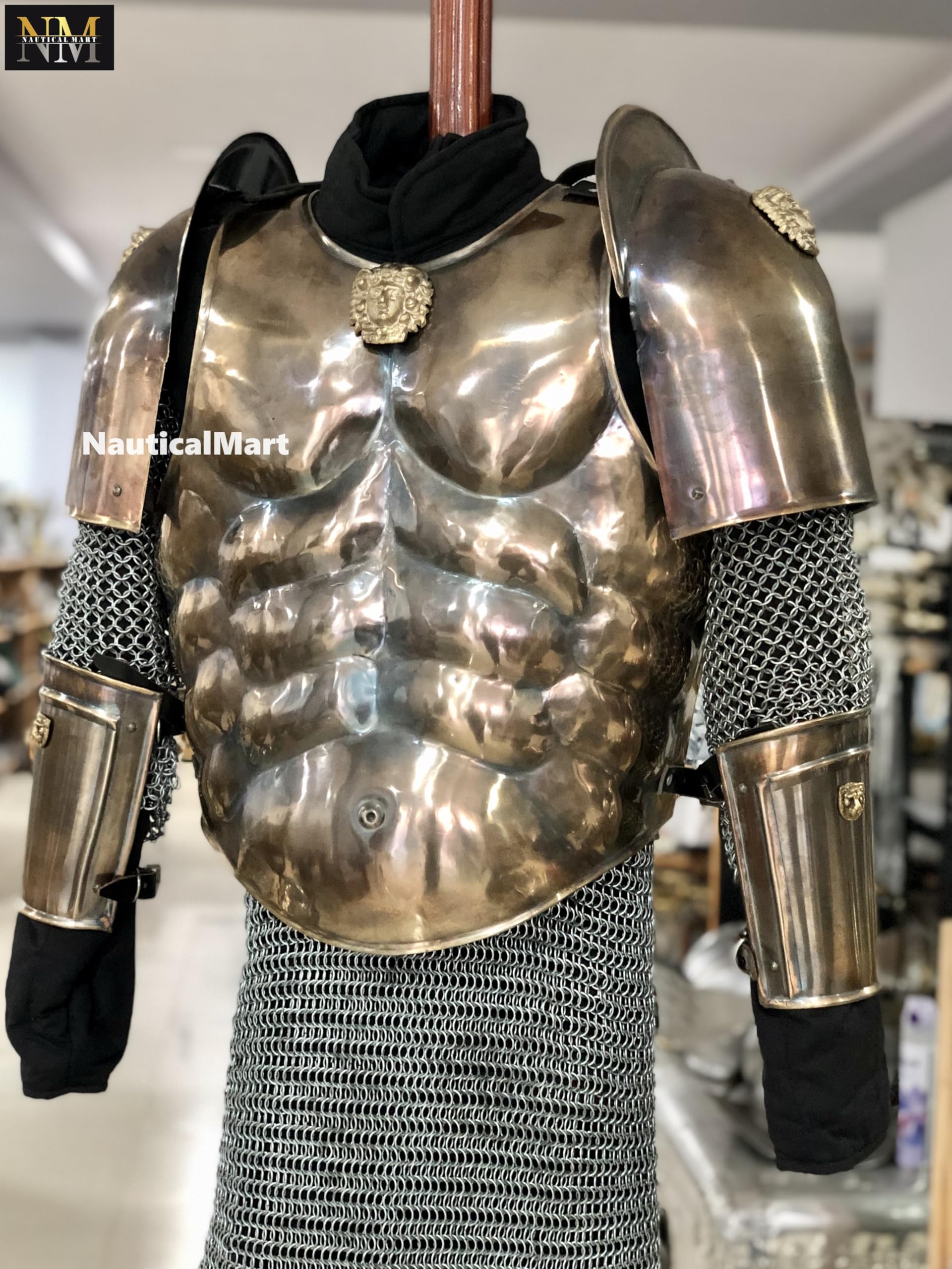 NauticalMart Larp Armor, Classical Lion Greek-Roman Muscle Armor Set, Spartan, Trojan, body armor, Cosplay armor (Arm Bracers)