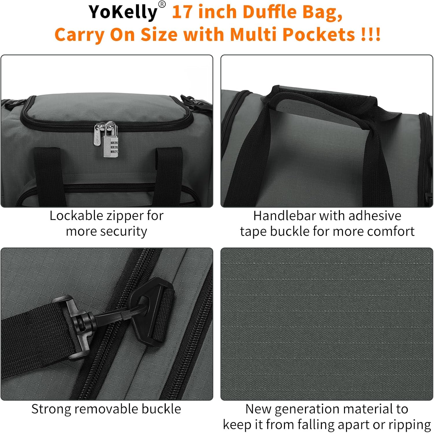 Small Gym Duffle Bag - 17 inch Carry On Weekender Bag for Travel Sport (17x10x9 in) - Dark Grey - Image 5