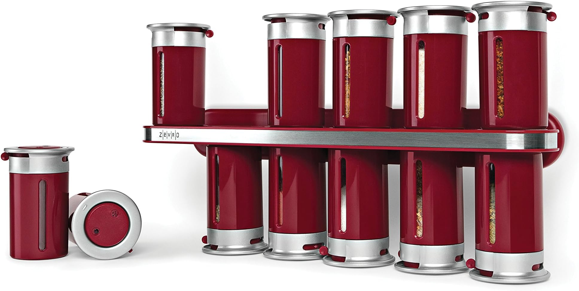 Zevro Zero Gravity Wall-Mount Magnetic Spice Rack Canisters, Red/Silver - Set of 12