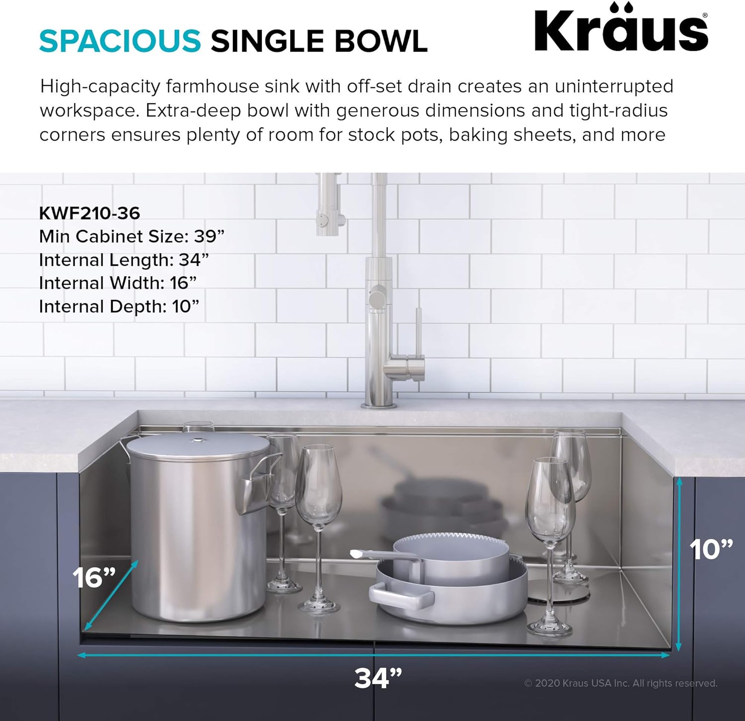 Super Deal Product Kraus KWF210-36 Kore Workstation 16 Gauge Farmhouse Single Bowl Stainless Steel Kitchen Sink with Integrated Ledge and Accessories (Pack of 5), 36 Inch Rounded Apron Front