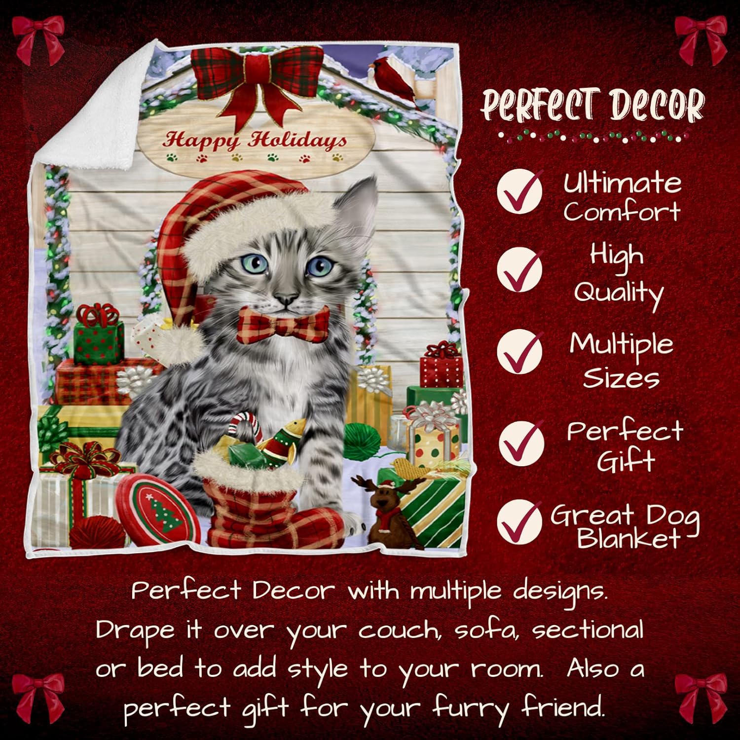 Doggie of the Day Bengal Cat Blanket - Christmas House with Presents - Super Soft & Warm Pet Theme for Sofa or Bed, Warm Fleece, Sherpa or Woven Material, BLNKT65946 (50x60 Woven)