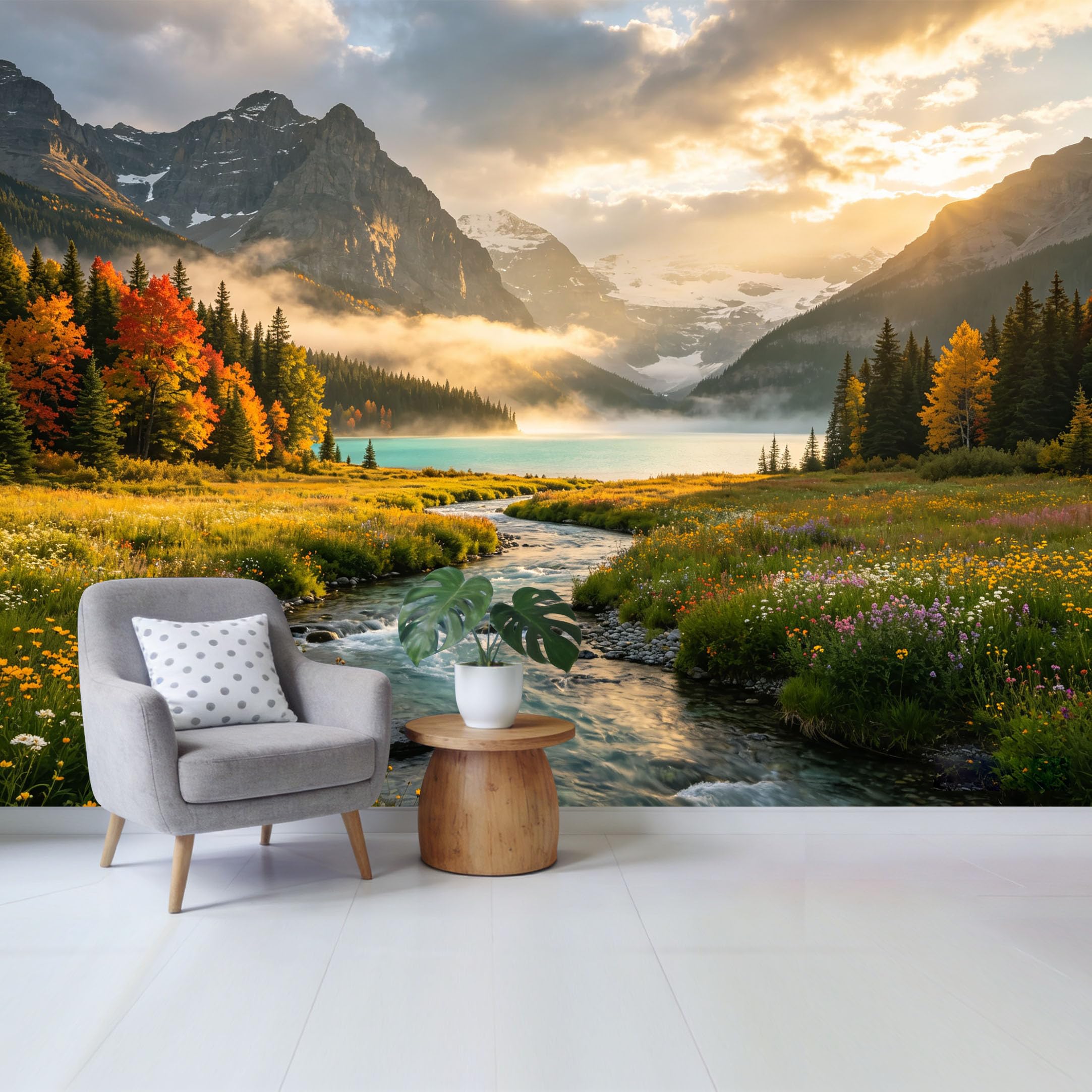 Qzlithotic Yq2605250158 Custom Size Wall Mural Majestic Alpine Lake Mountain Forest Landscape Colorful Wildflowers Sunset Scenery Selfadhesive Wall Fabric Removable Wallpaper For Home Office Decor