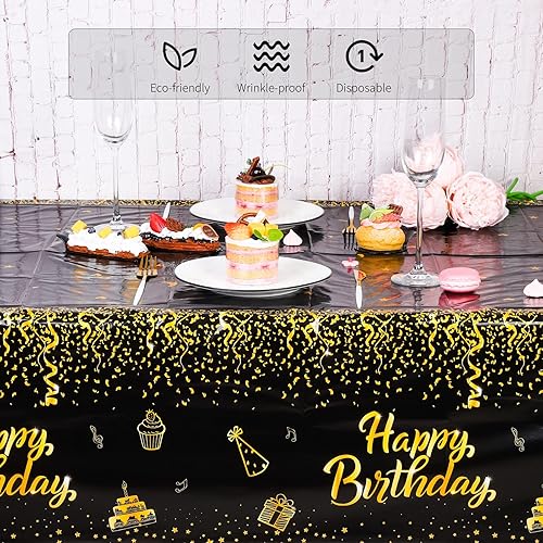 Miniatura 4 de MCEAST Paquete de 3 manteles rectangulares de plástico negro dorado para fiestas de cumpleaños bodas baby shower decoración de 108 x 54 pulgadas