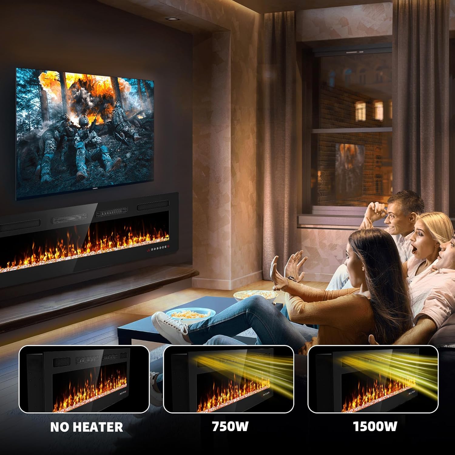 Illustration demonstrating the heat output options (No Heater, 750W, 1500W) of the Eueiriup electric fireplace.
