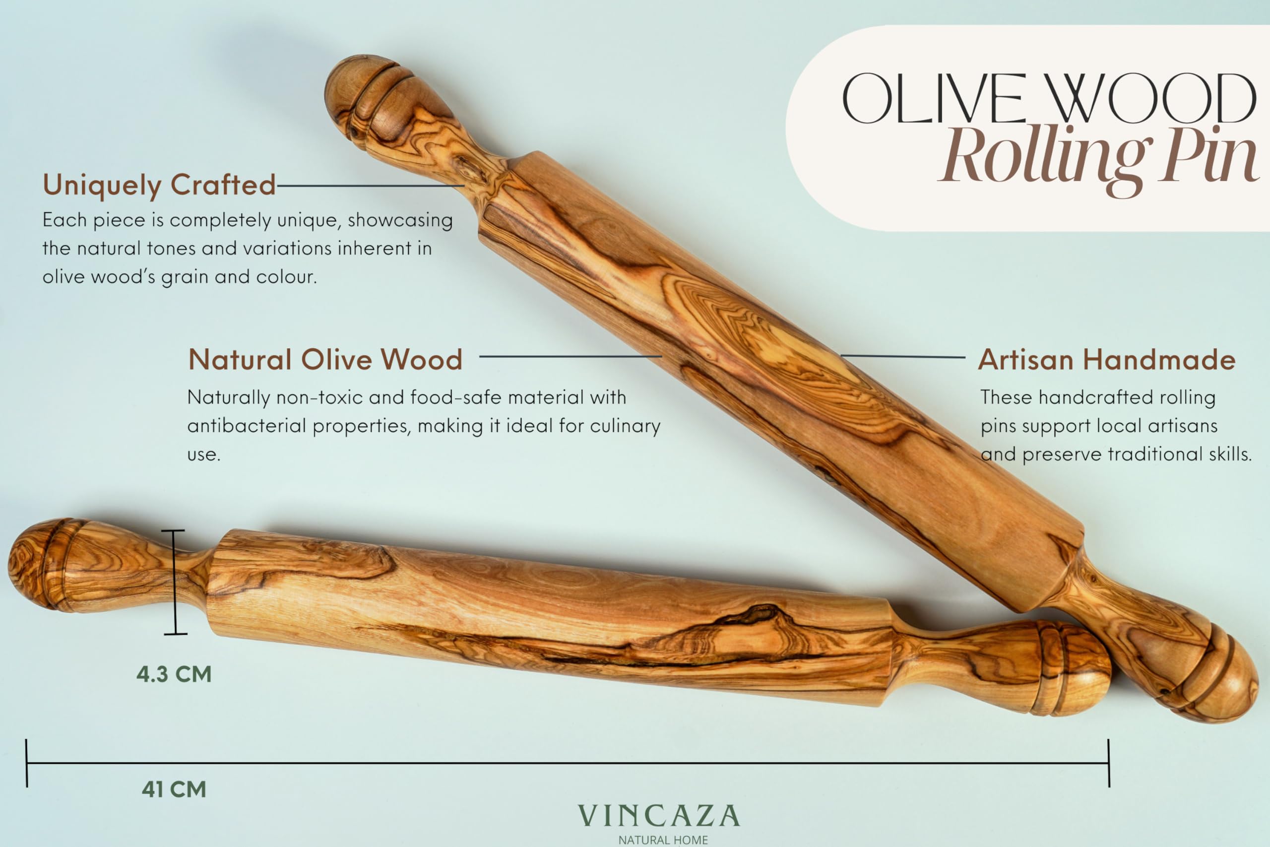 Rouleau à pâtisserie fait main en bois d'olivier 100 % naturel avec poignées, longueur 41 cm Ezo.Home