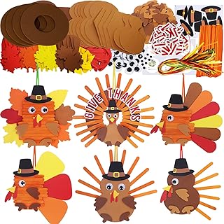 Winlyn 24 Sets Thanksgiving Craft Kits Fall Crafts DIY Give Thanks Turkey Ornaments Decorations Art Sets Wood Craft Sticks Foam Stickers Googly Eyes for Kids Holiday Classroom Activities Party Favors