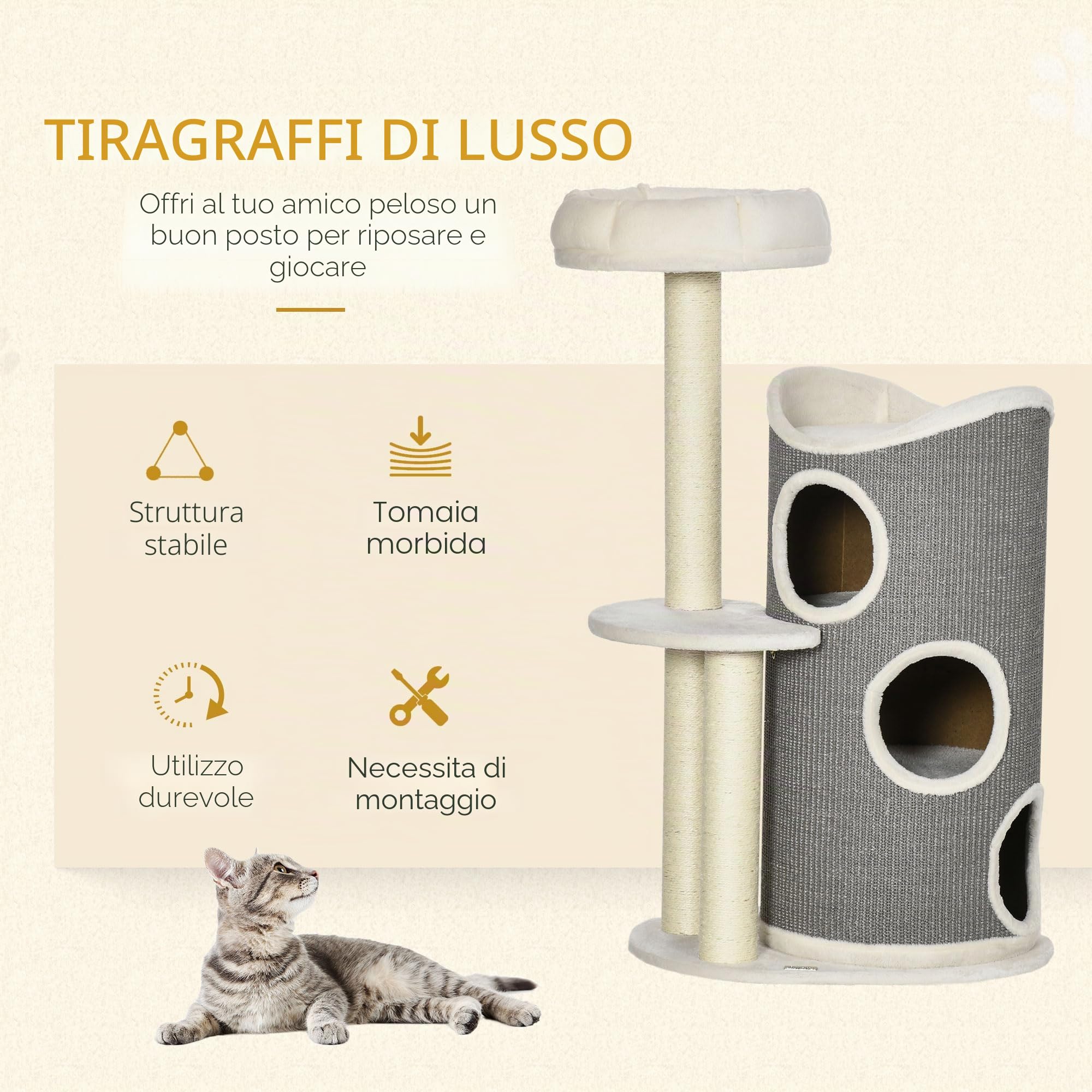 PawHut Albero gatto 109cm, Barile grattante, Gatti <5kg, Bianco+Grigio