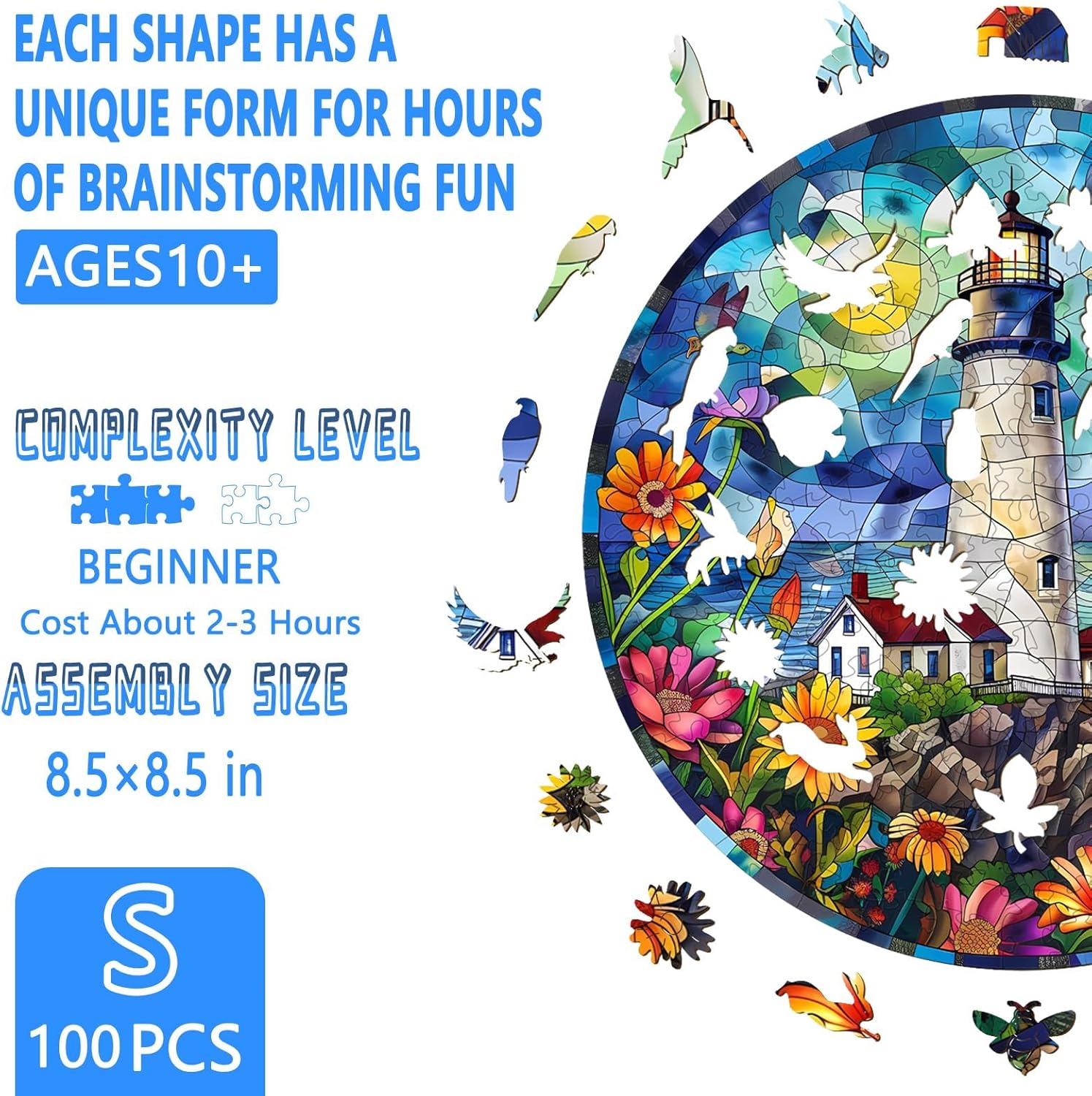 Wooden Puzzles for Adults, Stained Glass Lighthouse Wooden Jigsaw Puzzles for Adults 100 Pieces, Seaside Flower Wood Puzzles Adult, Gifts for Friends and Family, Wall Art Canvas Puzzle (S 8.5*8.5in)