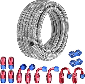 EVIL ENERGY 8AN Fuel Line Kit 20FT, 8AN Hose Stainless Steel Braided Fuel Line Hose Fitting Kit CPE, Silver