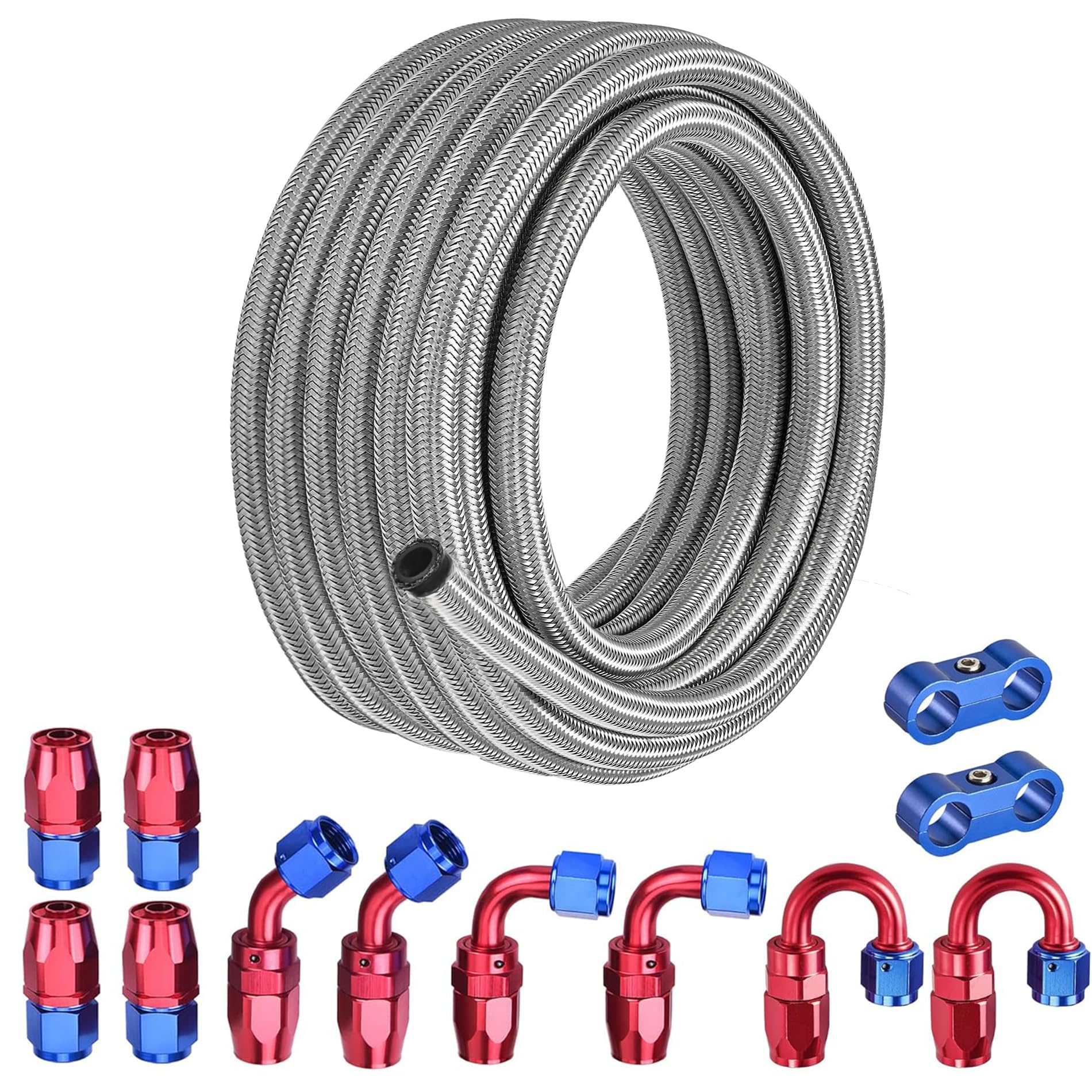 EVIL ENERGY 8AN Fuel Line Kit 20FT, 8AN Nylon Braided Fuel Line Hose Fitting Kit CPE 8AN Hose Kit Silver-image-18