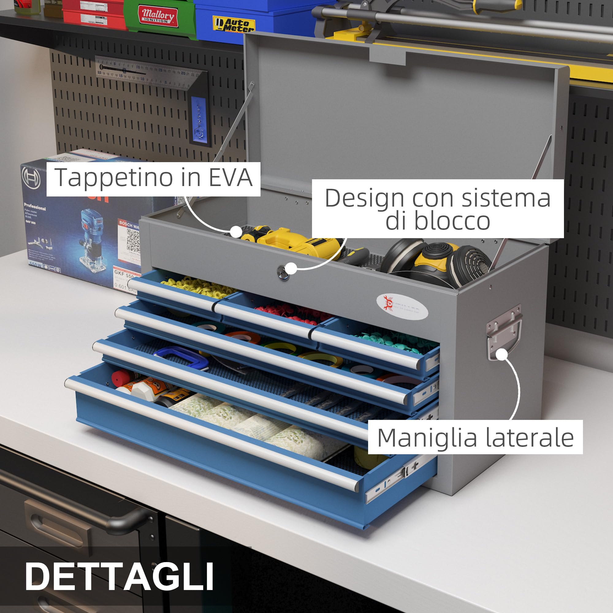 DURHAND Cassetta Attrezzi 6 Cassetti con Maniglie Laterali 60x26x34 cm Blu | Un Bauletto, 2 Chiavi, Cassetta Portautensili in Acciaio