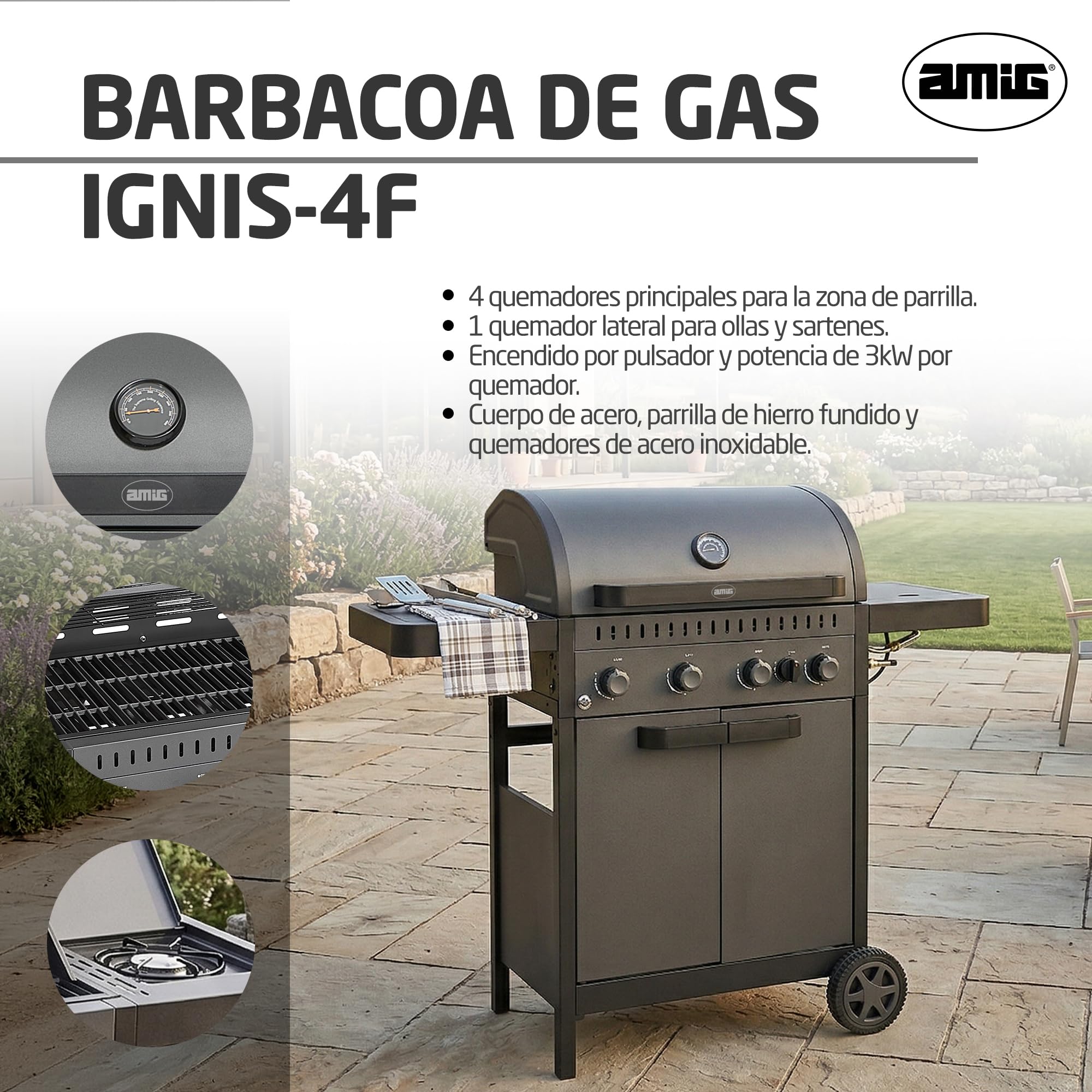 Amig - Barbacoa de Gas IGNIS 4+1 (4 Quemadores + 1 Lateral) - 123 x 55 x 110 cm - Superficie de Cocción 60 x 38 cm - Con Termómetro, Bandejas Laterales, Ruedas y Parrilla de Hierro Fundido - Negro