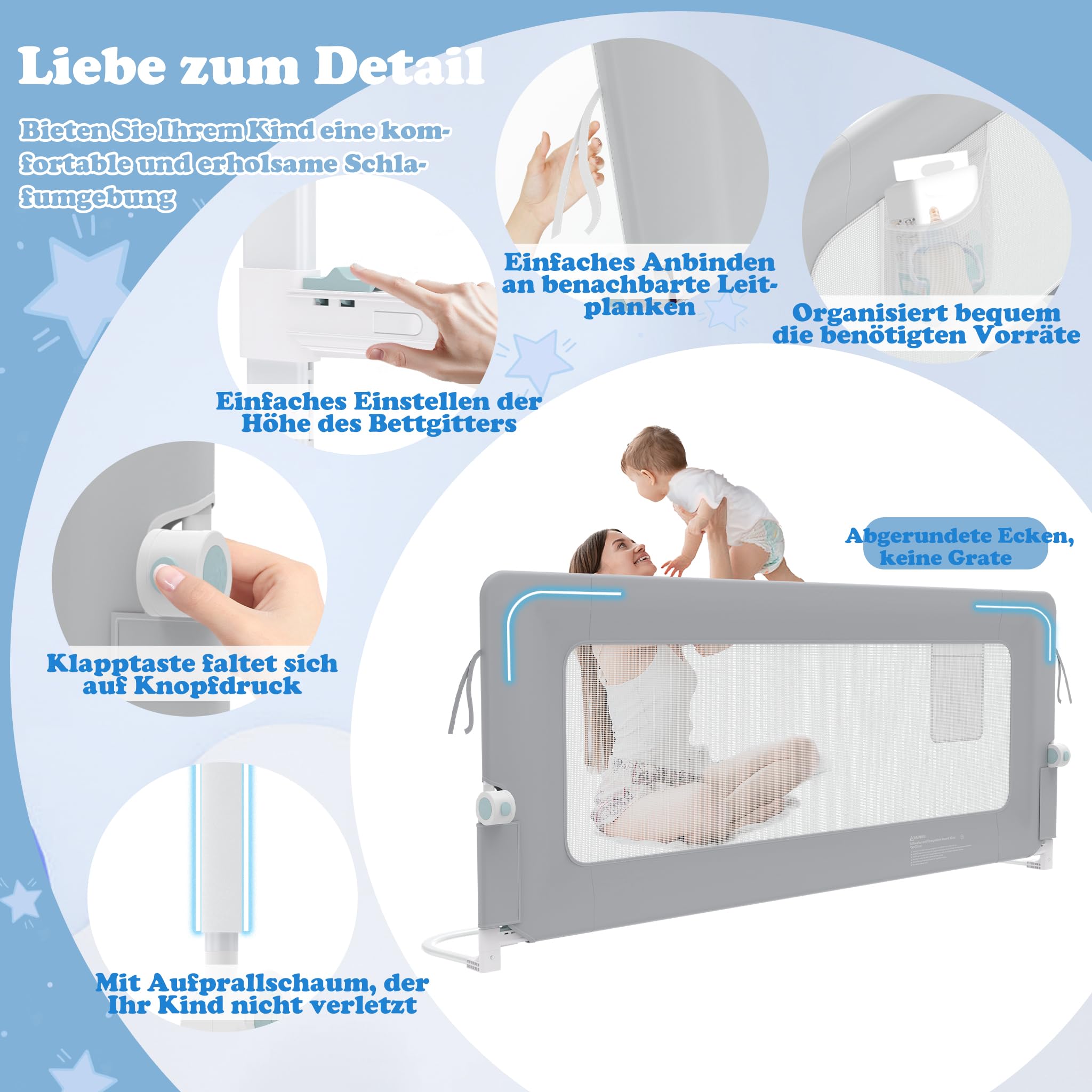 UISEBRT Griglia di protezione del letto, 200 cm, pieghevole, per bambini, protezione dalle cadute, altezza regolabile per lettino, traspirante, con custodia, colore: grigio