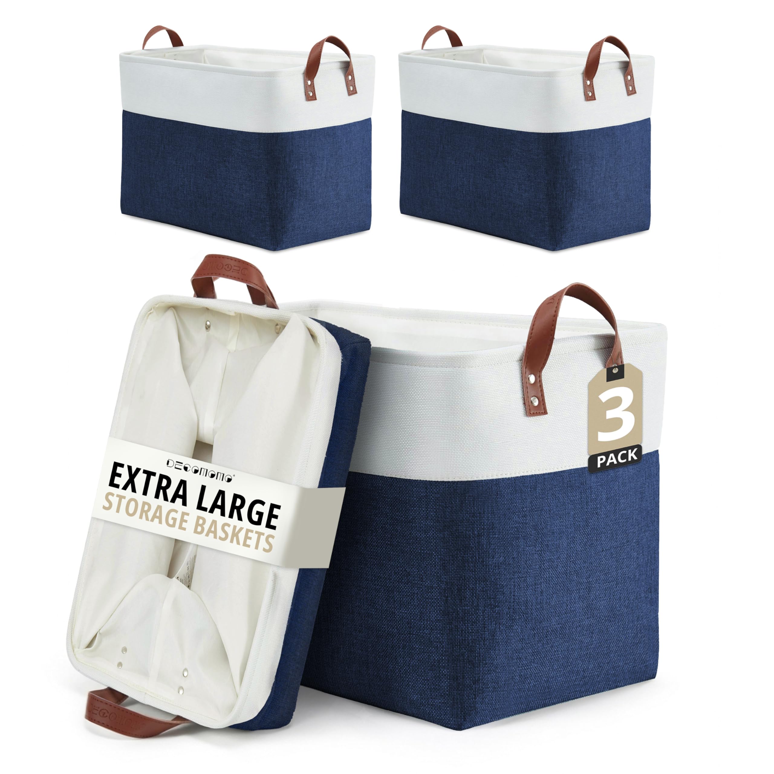DECOMOMO Storage Baskets | Storage Boxes Fabric Organiser Storage for Wardrobe, Toys, Shelves, Office, Home & Nursery (Large Grey and White 15 x 11 x 9.5 – Set of 3) — view 46