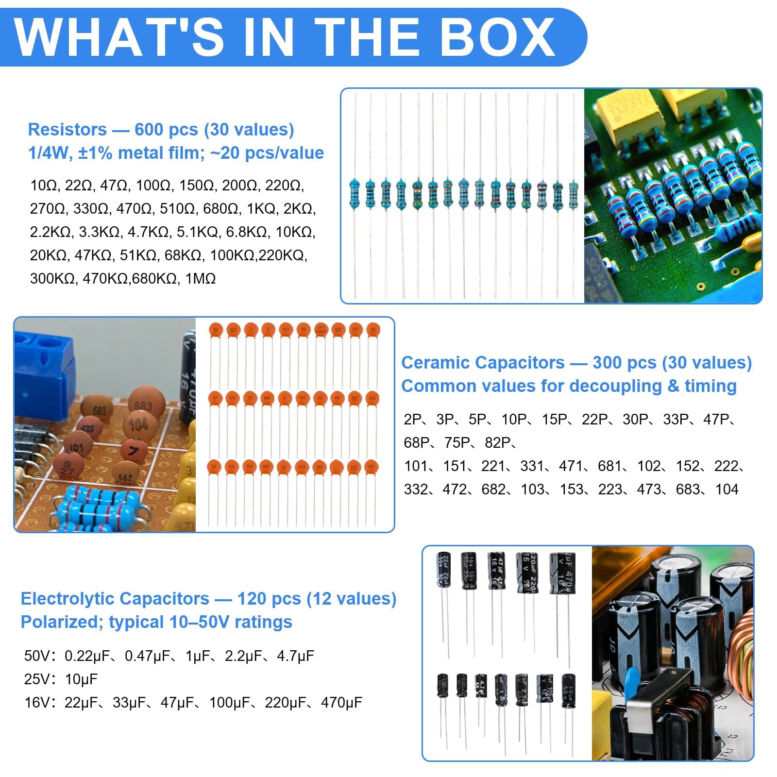 1530 Stück Elektronik Bauteile Kit 9 Arten mit Metallschichtwiderstand,kondensator,Diode,LED Leuchtdioden,Transistor,Dupont Wires,Jumperkabel und Steckbrett, Für UNO R3