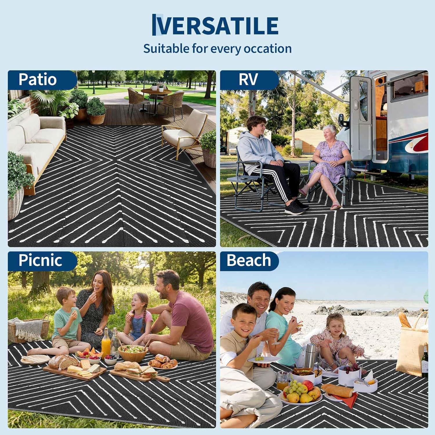 Garvee 5x8 Outdoor Waterproof Rug - Reversible Modern Striped Plastic Straw Patio Mat, Portable RV Camping Rug for Picnic, Beach, Balcony, Deck - UV Protected & Easy to Clean, Black&White.