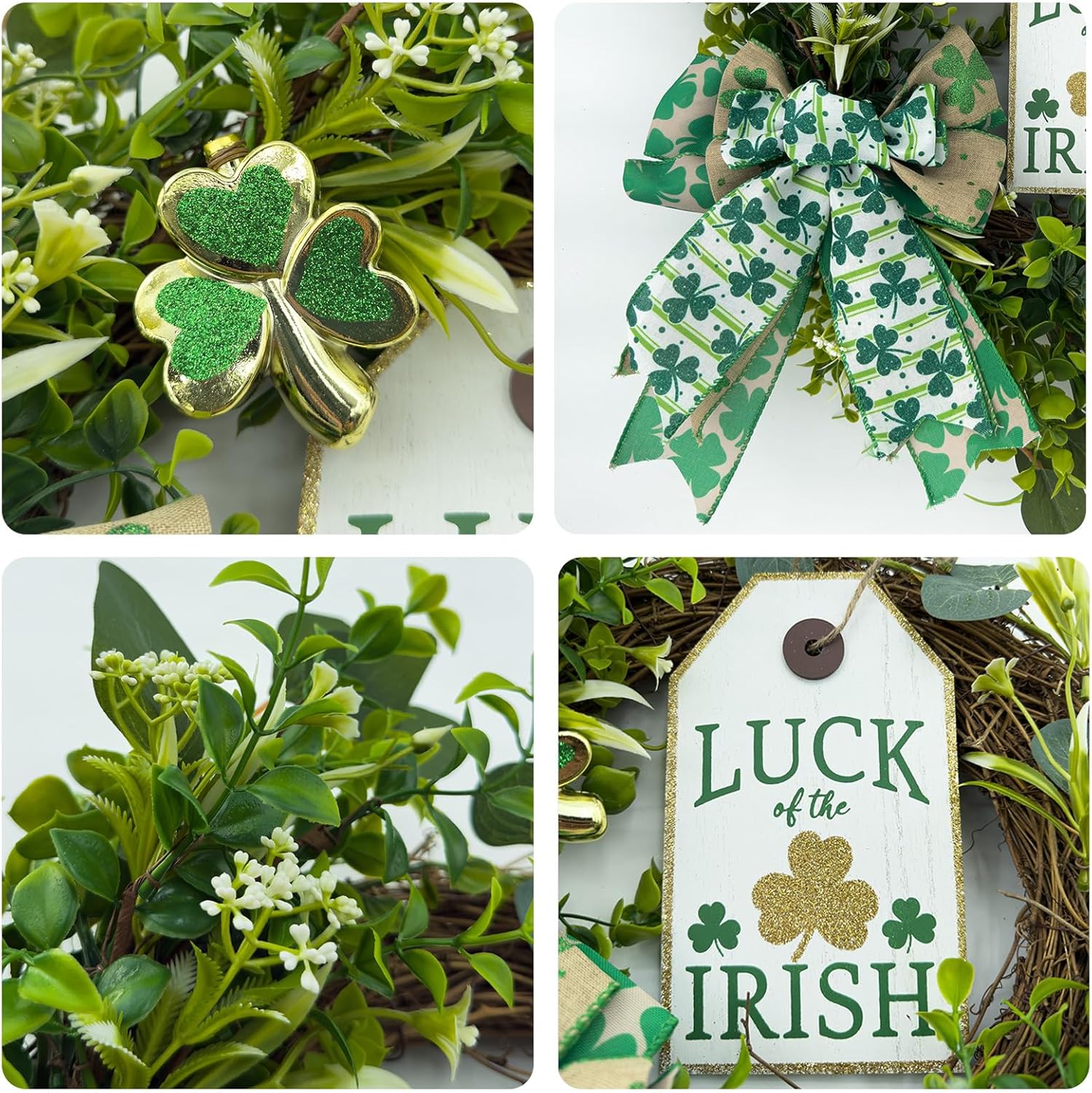 22'' St. Patrick's Day Wreaths for Front Door with Luck of The Irish Sign & Ribbon Bow & Hook Artificial Handmade Green Shamrock Wreath for St Patricks Day Decorations Home Outdoor Wall Porch Window