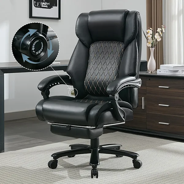 Executive Office Chair with Footrest, Reclining Desk Chairs Home Room, Bedroom, Leather Computer Gaming Chair Big and Tall, Padded Armrest & Headrest, Ergo Lumbar Support Recliner with Wheels, Black