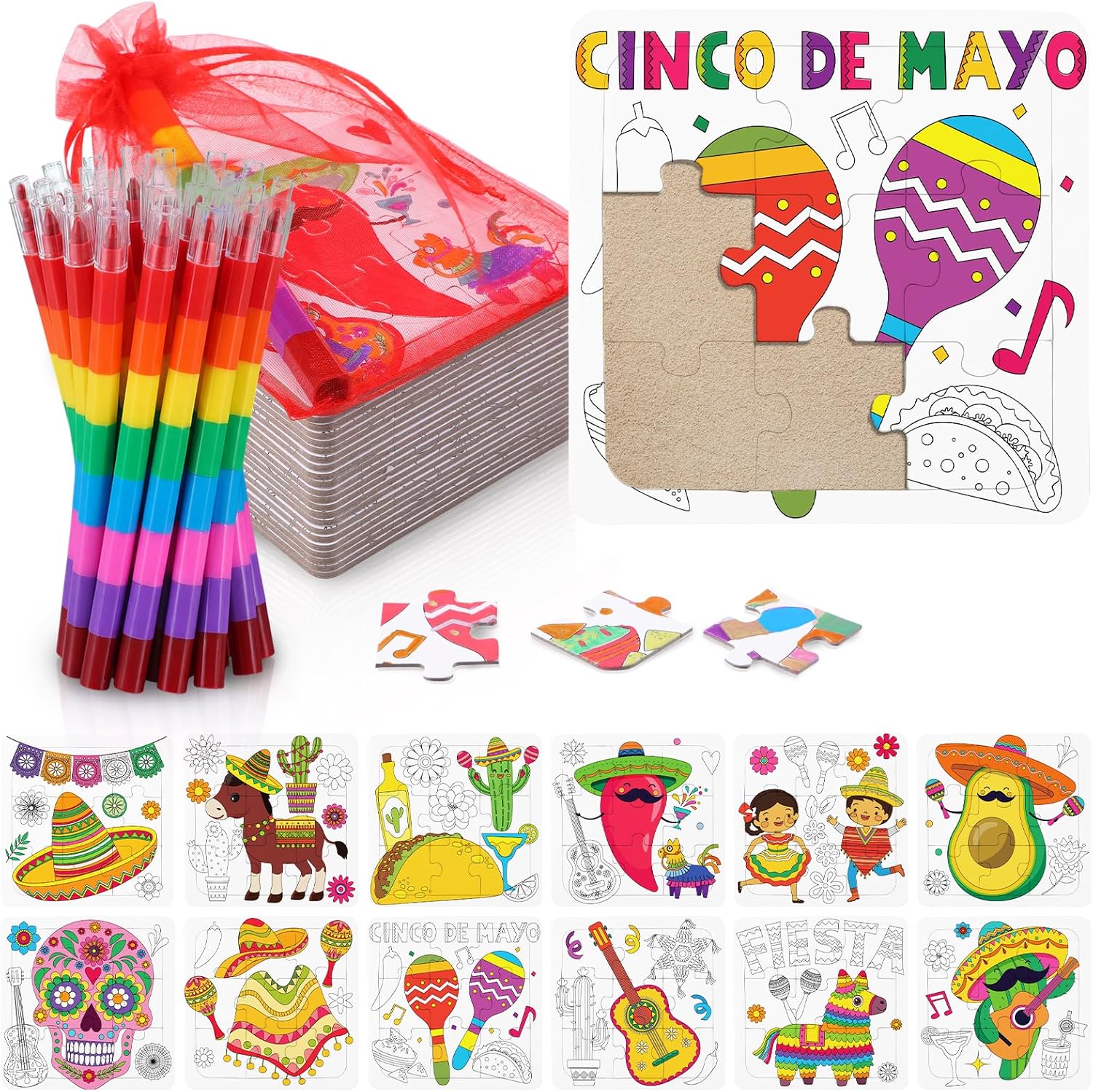 Fullhawl 24 Mexican Puzzles Color Your Own Puzzles Cinco De Mayo DIY Jigsaw Crafts with Stackable Crayons and Bags for Mexico Fiesta Learning Education Toys Gifts Prizes Birthday Party Supplies