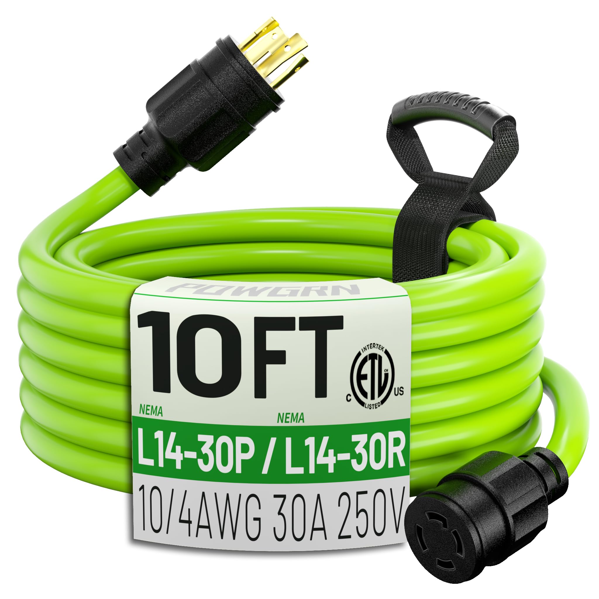 POWGRN 10Feet 30 Amp Generator Extension Cord 4 Prong,Heavy Duty NEMA L14-30P/L14-30R,125/250V 7500W,Green 10 Gauge STW Twist Locking Generator to