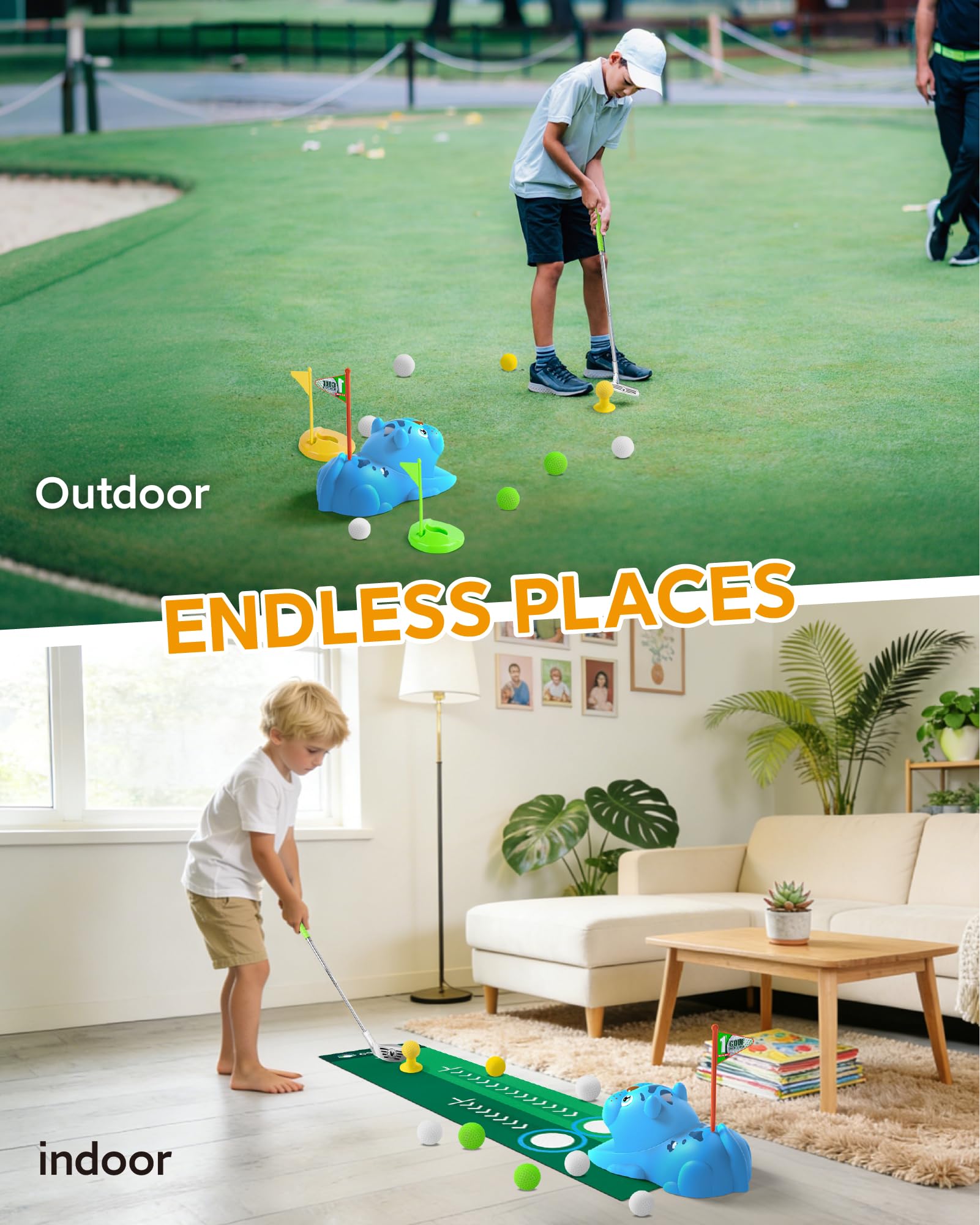Set de Mini Golf para Niños con Devolvedor Automático de Bolas, Juegos de Golf Interior y Exterior con Pelotas Noctilucent Luminosa LED, 3 Palos Telescópicos, Regalo para Niños y Niñas desde 3 Años