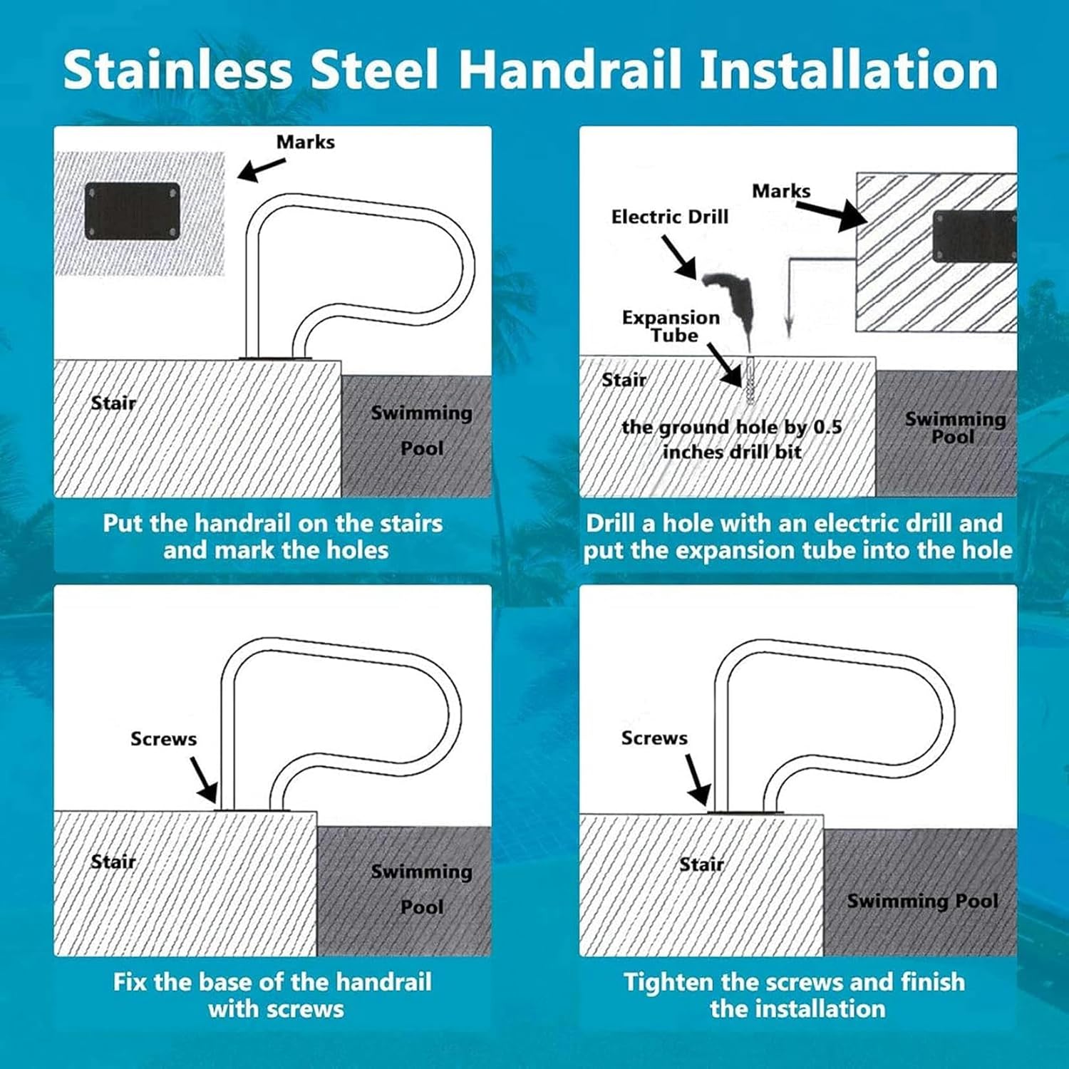 304 Stainless Steel Swimming Pool Handrail, Pool Safety Handrails w/Thickened Base, Pool Ramp Stair Handrail for Inground Pool Entry (1PCS)