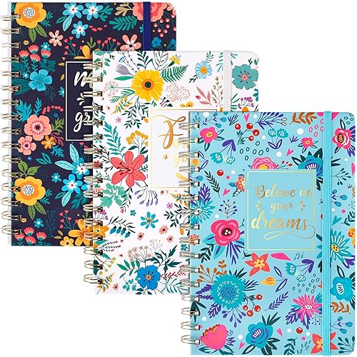 EOOUT 3 PCS Spiral Journals, Journal for Women, Hardcover College Ruled Notebook, 5.5"x8.3", 80 Sheets, 160 Pages, Floral Pattern for School Office Supplies Gifts