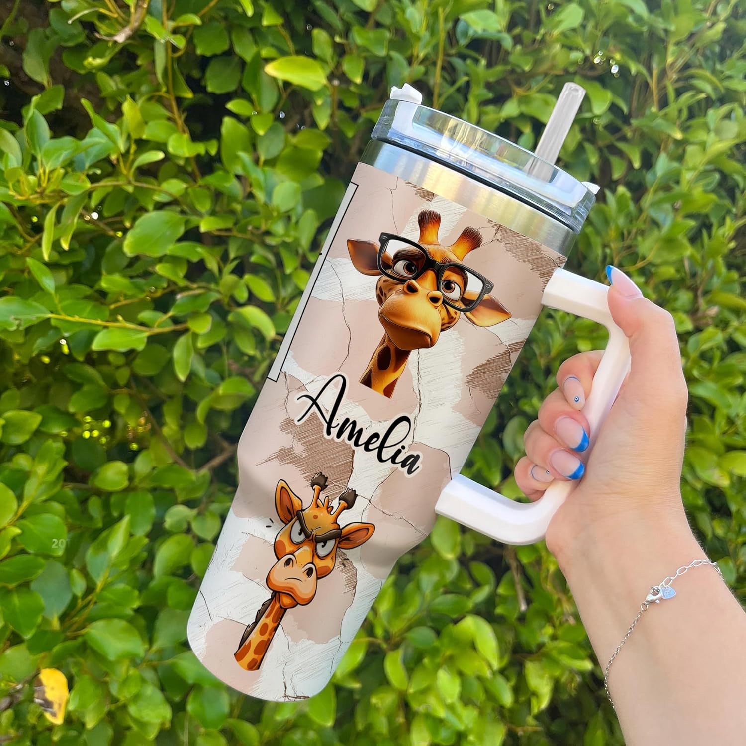 Hyturtle Personalized Funny Giraffe 40oz Tumbler with Handle & Straw Gifts for Women, Mother's Day Birthday Gifts for Lovers, Sarcastic Giraffe Gift, Custom Name Stainless Steel Travel Cup With Lid - Image 3
