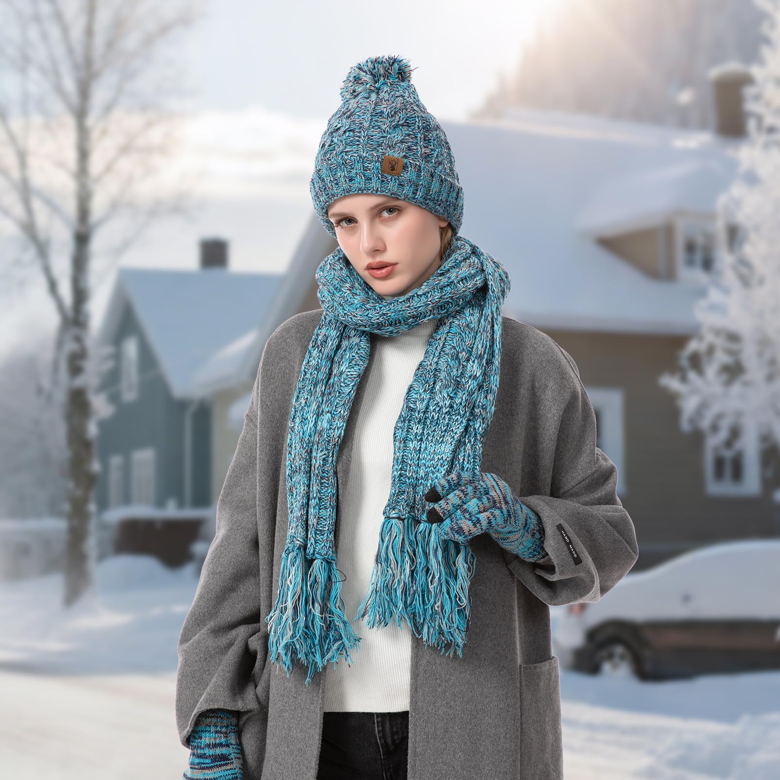 Guantes de la bufanda del sombrero de las mujeres Beanie Calentador de cuello largo Bufanda y guantes de pantalla táctil térmica Set 3 PCS Invierno Pom Cap Set Unisex Melange de punto Lago Azul