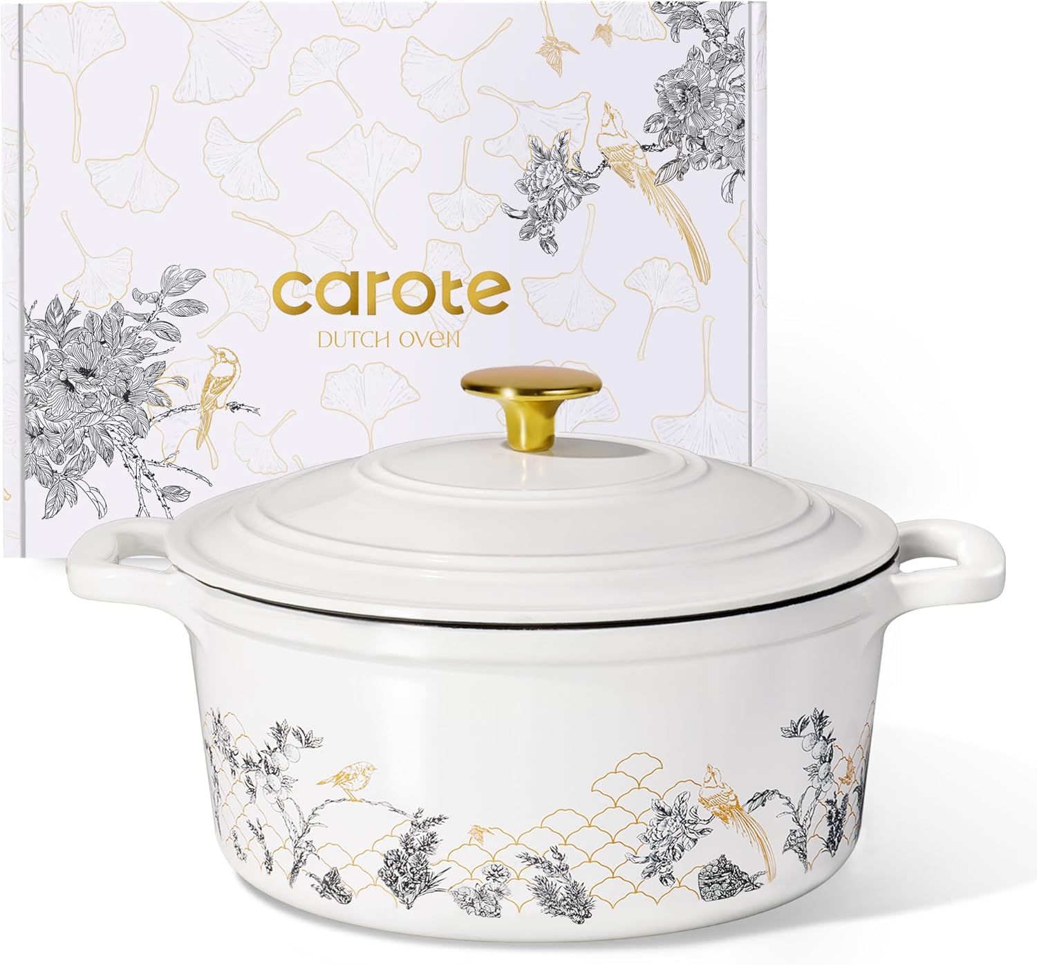 CAROTE 5QT Cast Iron Dutch Oven Pot with Lid, Enameled Floral Dutch Ovens with Gift Box, Cast Iron Pot for Sourdough Bread Baking, Braising, Stews, Roasting, Dual Handles, Healthy &amp; Non-Toxic, All