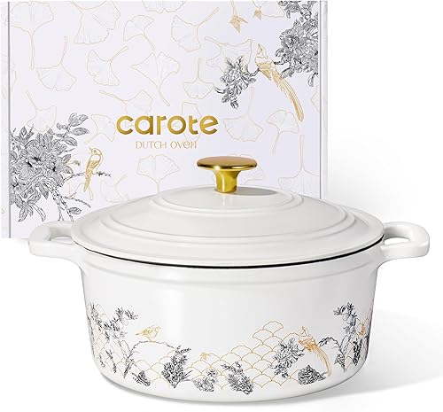 CAROTE Olla de hierro fundido con tapa, horno holandés floral esmaltado de 5 cuartos con caja de regalo, olla de hierro fundido para hornear pan de