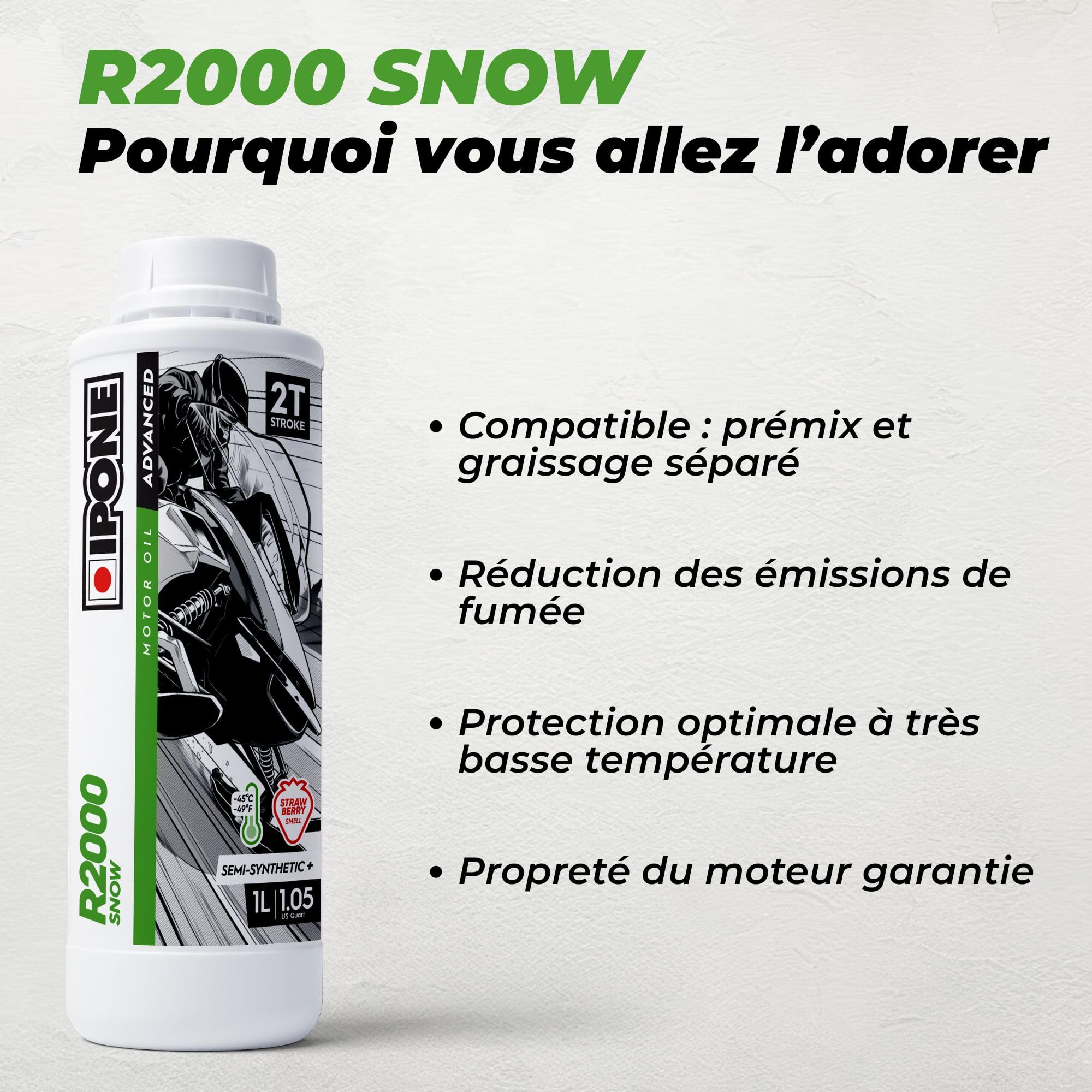 IPONE – Aceite de Motor para Moto de Nieve 2 Tiempos R2000 Snow – Aroma Fresa - Bidón dosificador 4 Litro - Semisintético+ - Limpieza garantizada del motor - Protección óptima a temperaturas extremada