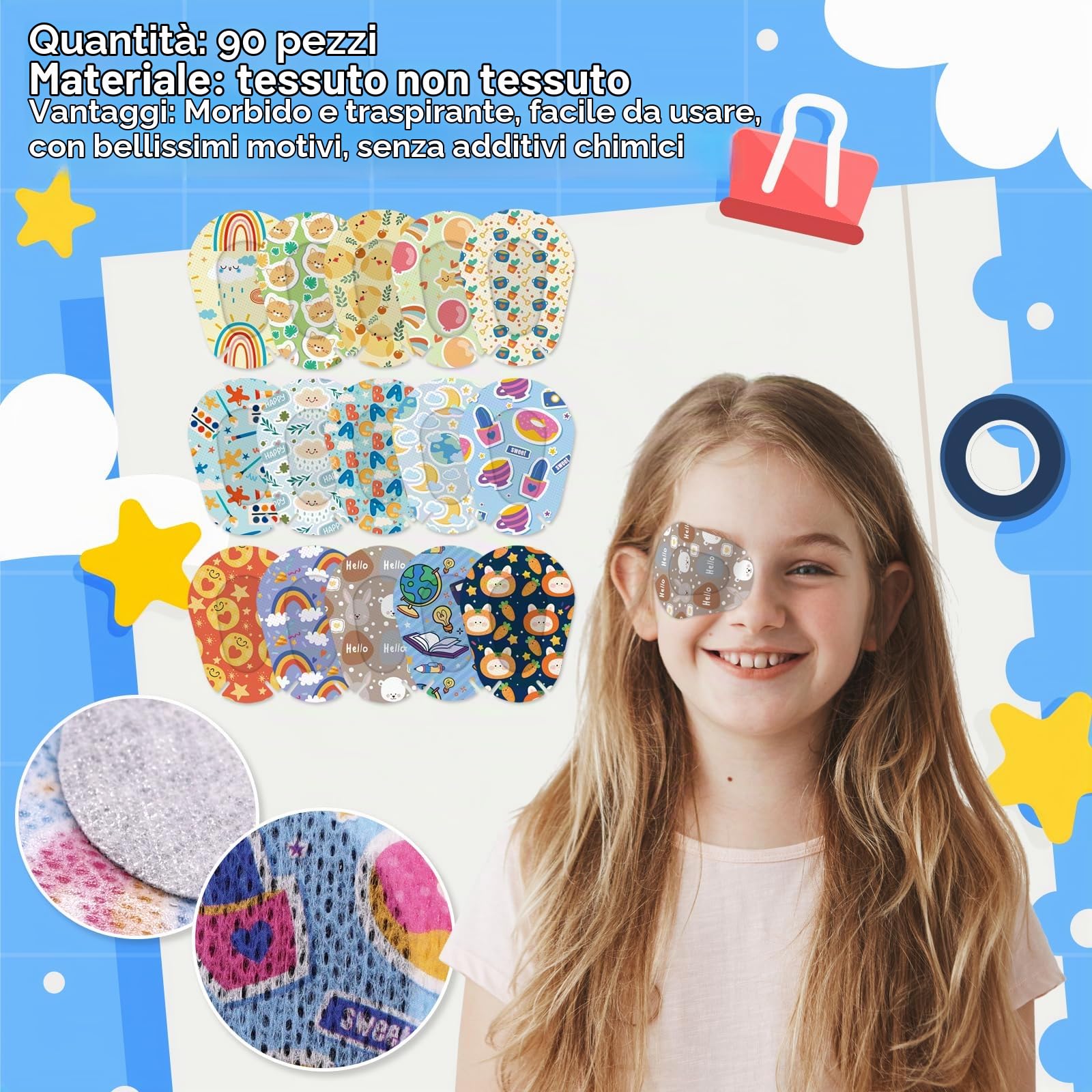 sdroceRyaM 90 pezzi, 15 modelli di cerotti adesivi per bambini, oscuranti e traspiranti, con motivi cartoon Cerotti per gli occhi Benda non tessuta per bambini con occhio pigro