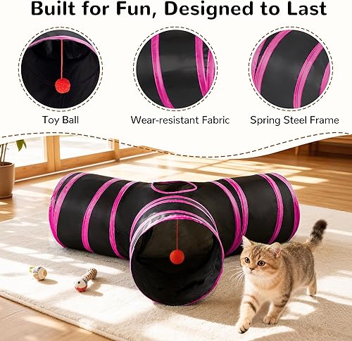 Miniatura 7 de Tempcore - Túnel para gatos con forma de tubo plegable de 3 vías, para interiores, juguete con forma de bola para mirar, para gato, cachorro, Rosa