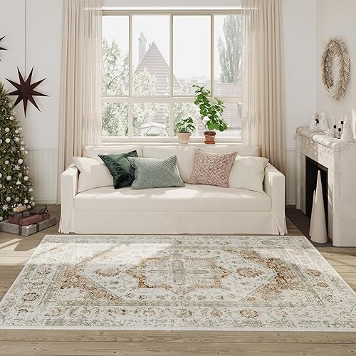 Alfombra tribal bohemia de 5 x 7 pies para sala de estar, suave, antideslizante, lavable, no se desprende, alfombra de sala de estar, comedor,