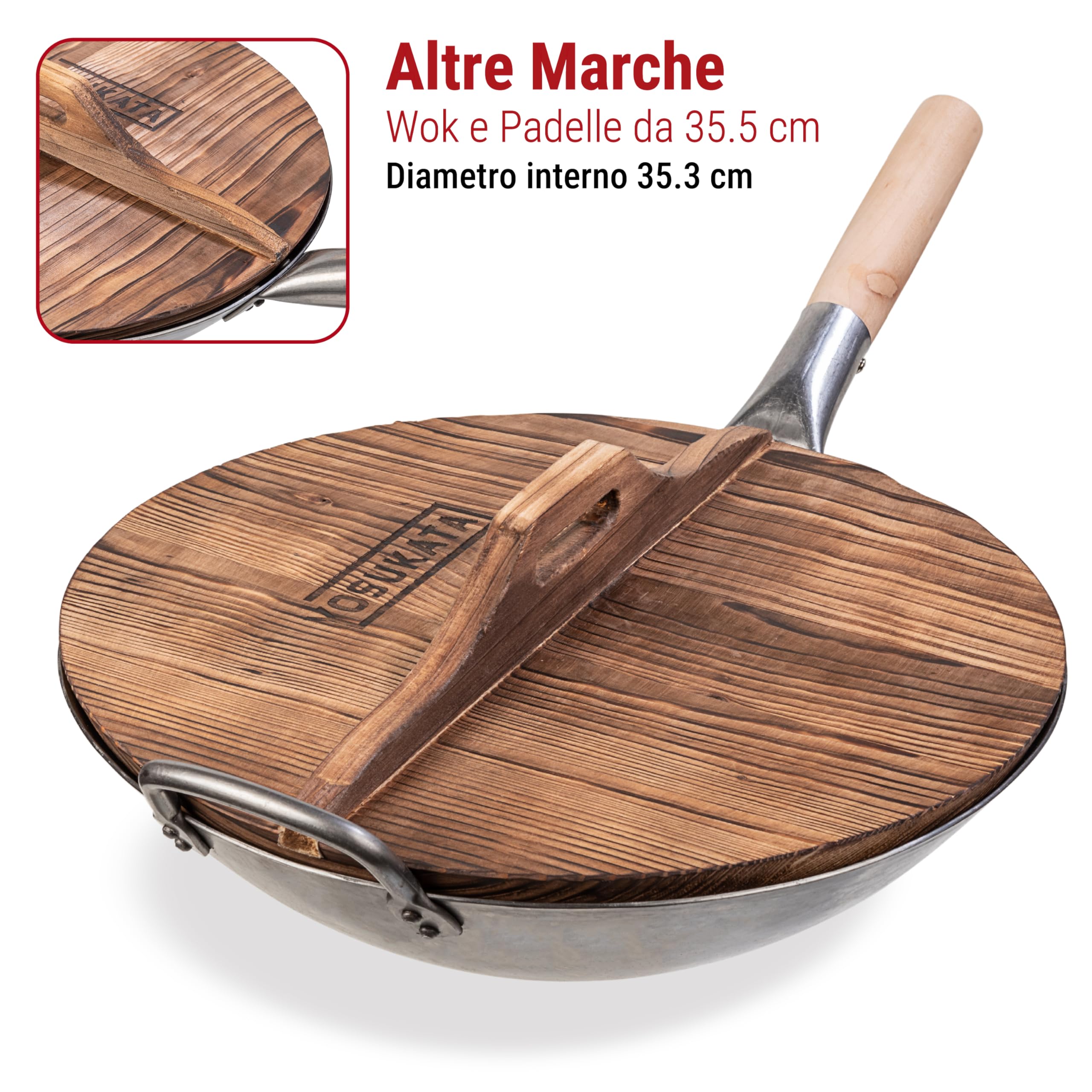 YOSUKATA Coperchio In Legno Per Wok 36 Cm – Coperchio Universale In Legno Naturale Senza Condensa Con Manico Ergonomico Per Padella – Accessorio Tradizionale Per Padelle Wok Di Alta Qualità