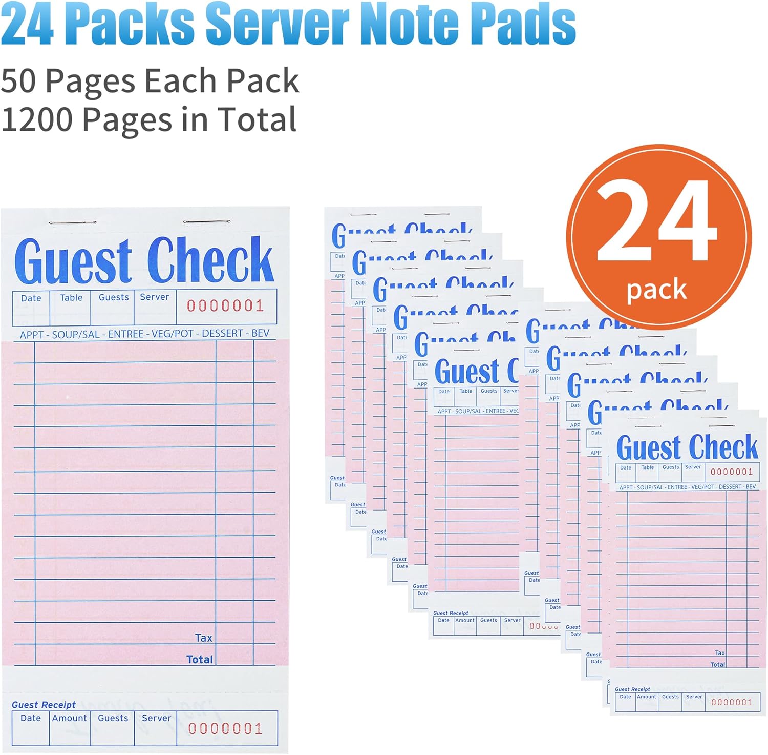 ZPARIK 24 Pack Pink Guest Checks Books for Servers Server Note Pads, Waiter Checkbook, Waitress Notepad for Restaurants, Paper Checks 50 Sheets/Pack, 1200 Total Tickets