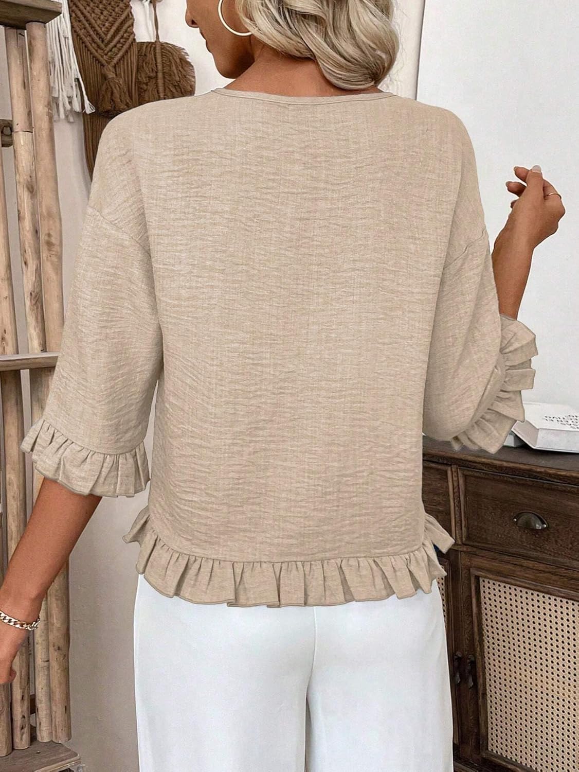 Urchics Womens Ruffle 3/4 Sleeve Tops Casual Linen Blouses Crew Neck Drop Shoulder Dressy Shirts Fall Outfits Khaki M - Image 2