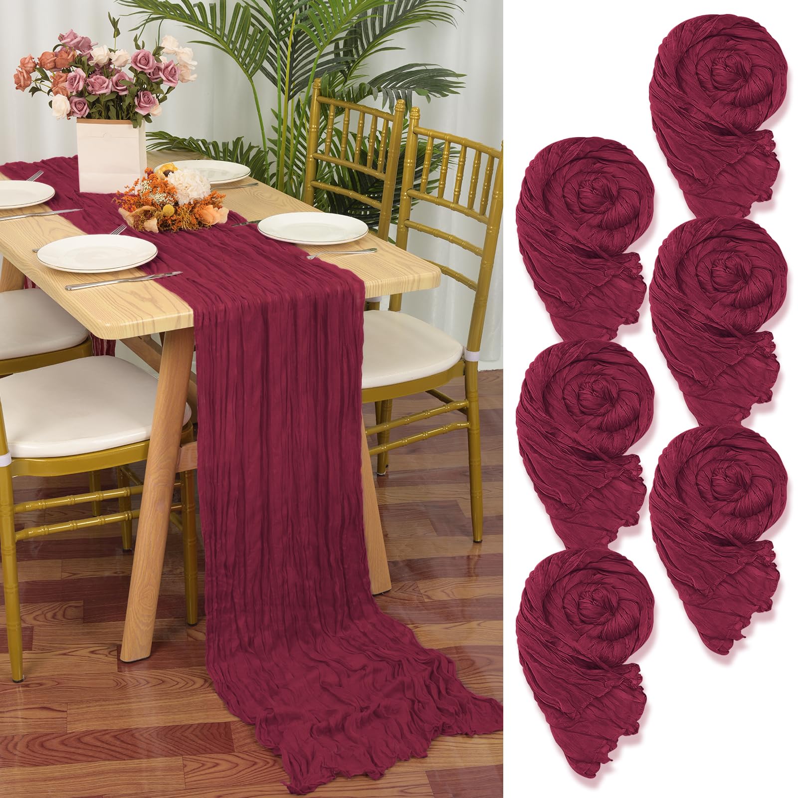 YMHPRIDE 6 Pezzi Runner da Tavola in Garza Borgogna, 90 x 300cm Vino Rosso Runner da Tavola per Formaggio per Matrimonio Addio al Nubilato Baby Shower Decorazioni Feste di Compleanno