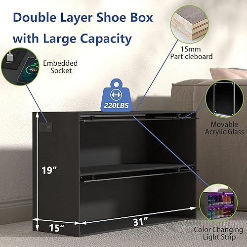 Miniatura 5 de Almacenamiento de zapatos con luces LED para hasta 6 pares de zapatos, color negro, elegante zapatero con puerta de vidrio acrílico, cajas de