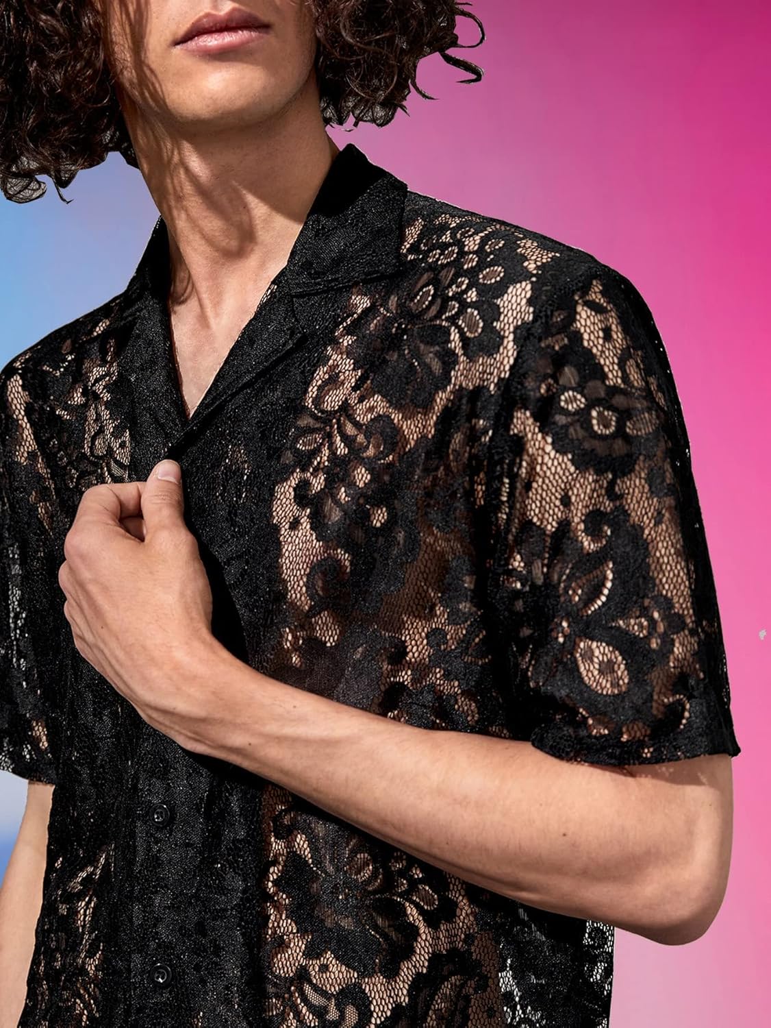 WDIRARA Men's Floral Lace Shirt Contrast Mesh Button Down Shirt Short Sleeve Blouse - Image 4