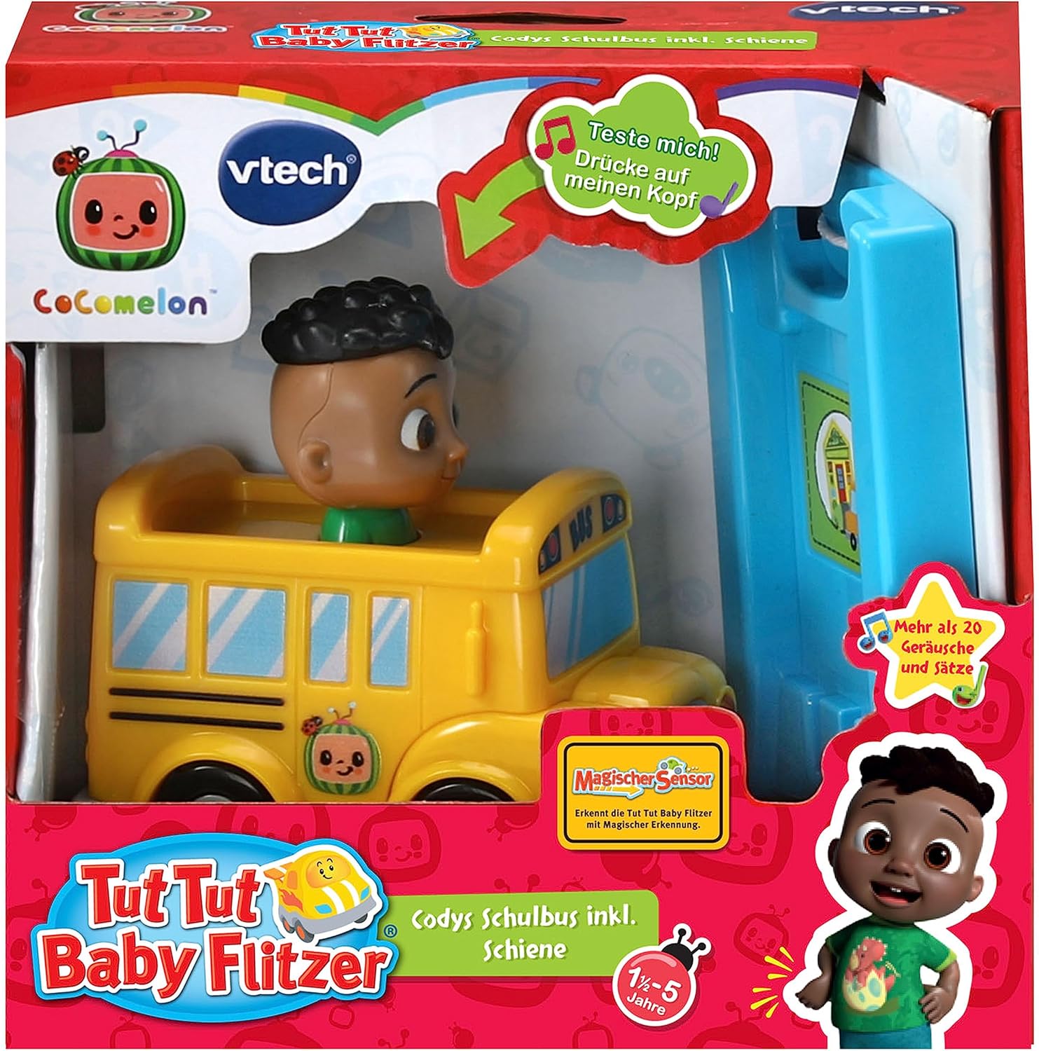 Vtech TUT TUT Baby Speedster - CoComelon Codys School Bus with Rail - Toy Bus with Magic Sensors, Light Effects, Music, Exciting Phrases and Sounds - for Children Aged 1.5-5 Years