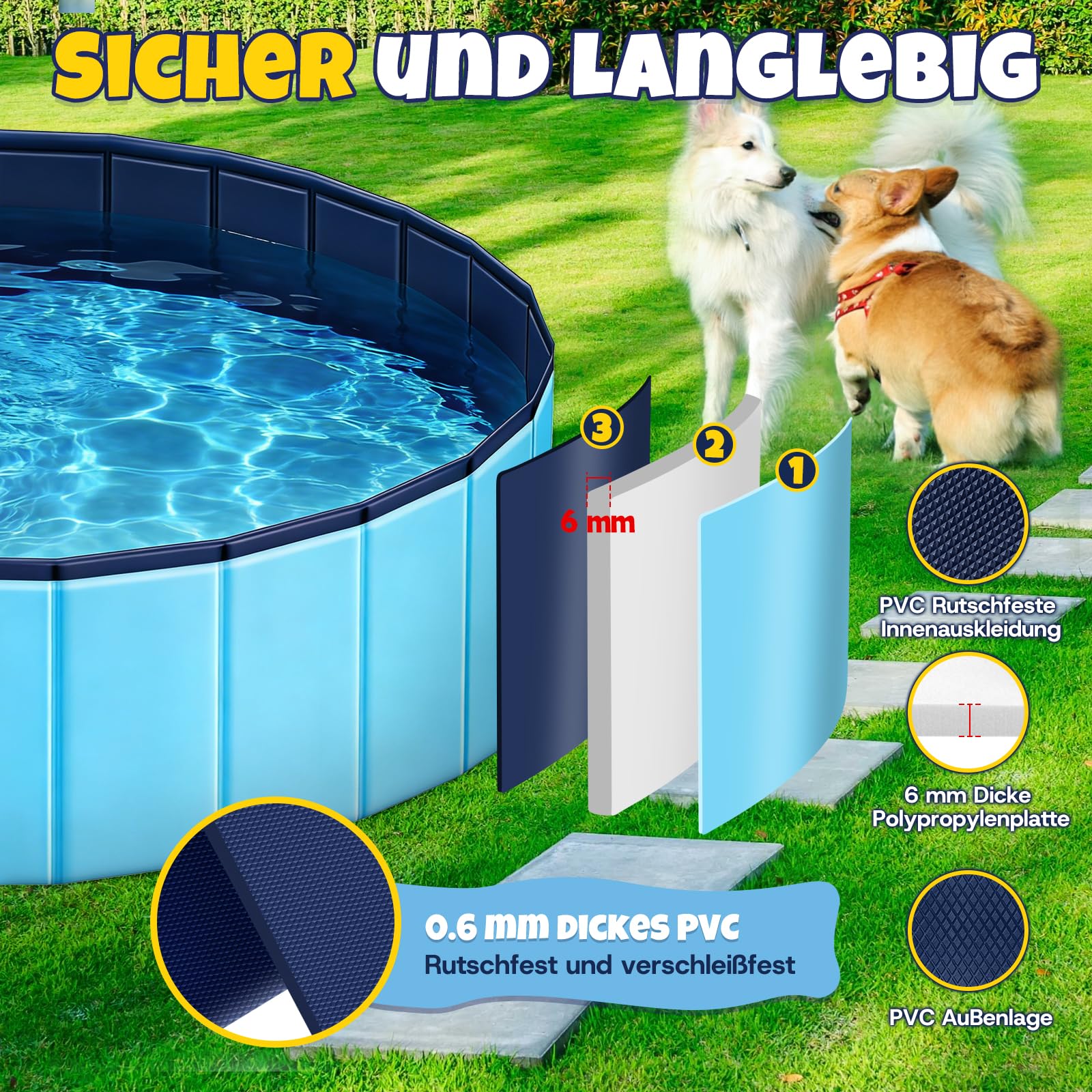 JONRRYIN Hundepool 160 x 30cm, Faltbare Hundeplanschbecken für Große & Kleine Hunde, rutschfeste und Verdickt Hunde Pool mit Badebürste, Flicken und Ablassventil für Katzen und Kinder