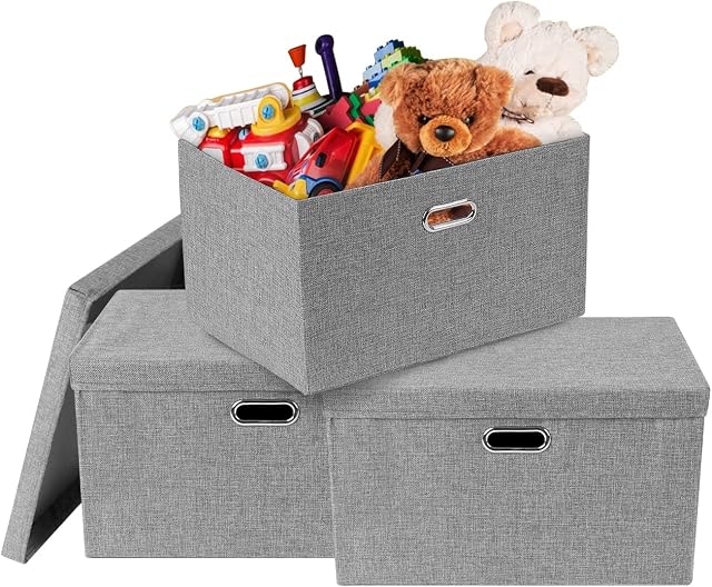 Shoze 3Pack Storage Box with Lid 45x30x30cm Large Storage Baskets with Handles Fabric Collapsible Storage Cubes Foldable Organizer Basket Toy Box for Shelves Room Boxes Closet Wardrobe Bookcase
