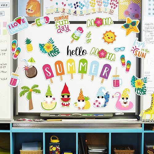 Miniatura 3 de AnyDesign 54 recortes de verano, 27 diseños, recortes de papel tropical hawaiano con 100 puntos de pegamento, gnomo de verano, fruta, Aloha,